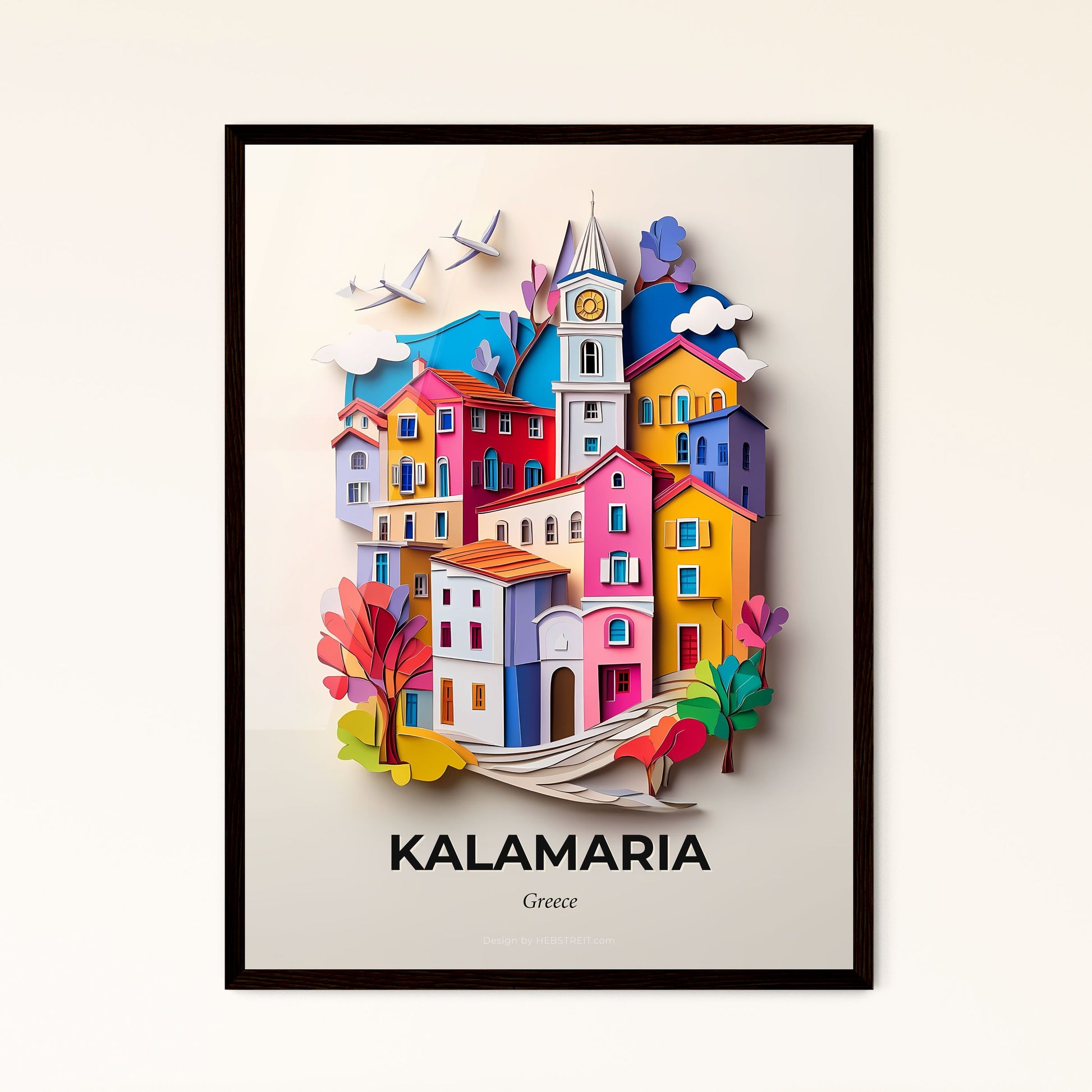 Vivid Kalamaria, Greece - a paper cut of a town with a clock tower