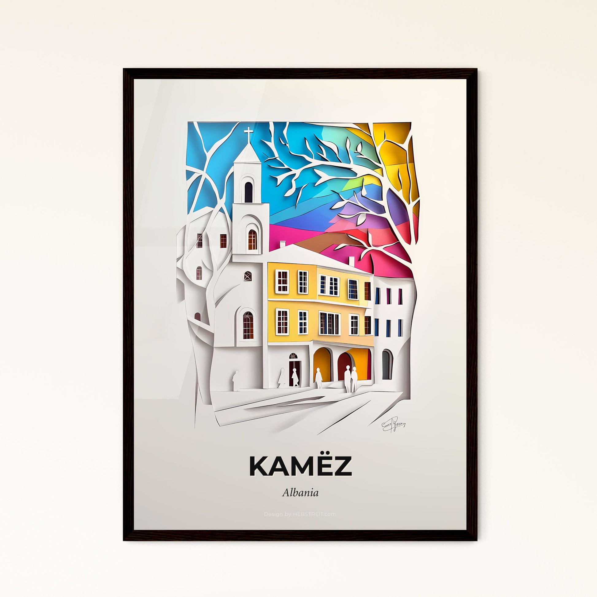 Vivid Kamëz, Albania - a paper cut of a church and a tree