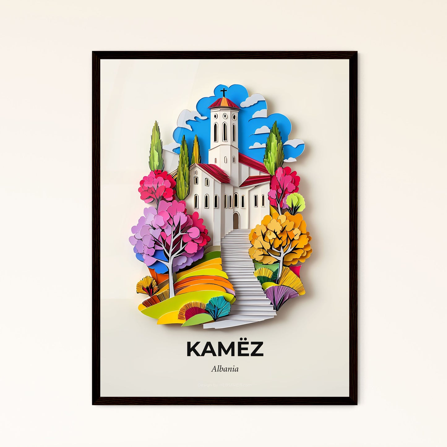 Vivid Kamëz, Albania - a paper cut of a church with trees and a stairway