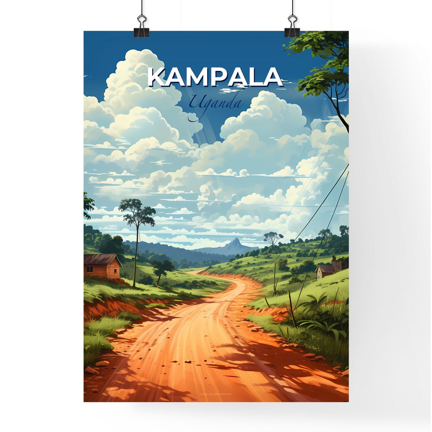 Vibrant African Landscape Painting: Dirt Road Through Tranquil Green Hills Default Title