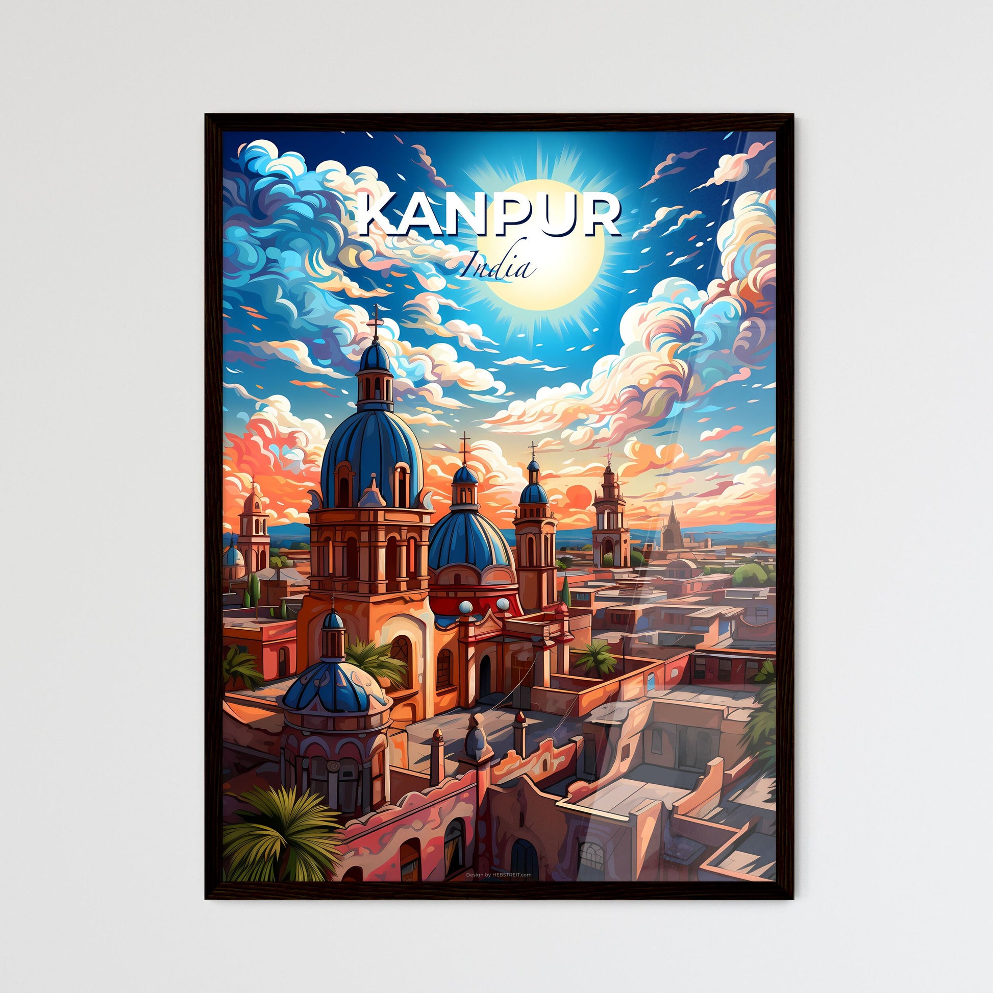 Indian Building Art - Colorful Canvas Painting with Kanpur India Skyline and Dramatic Clouds Default Title