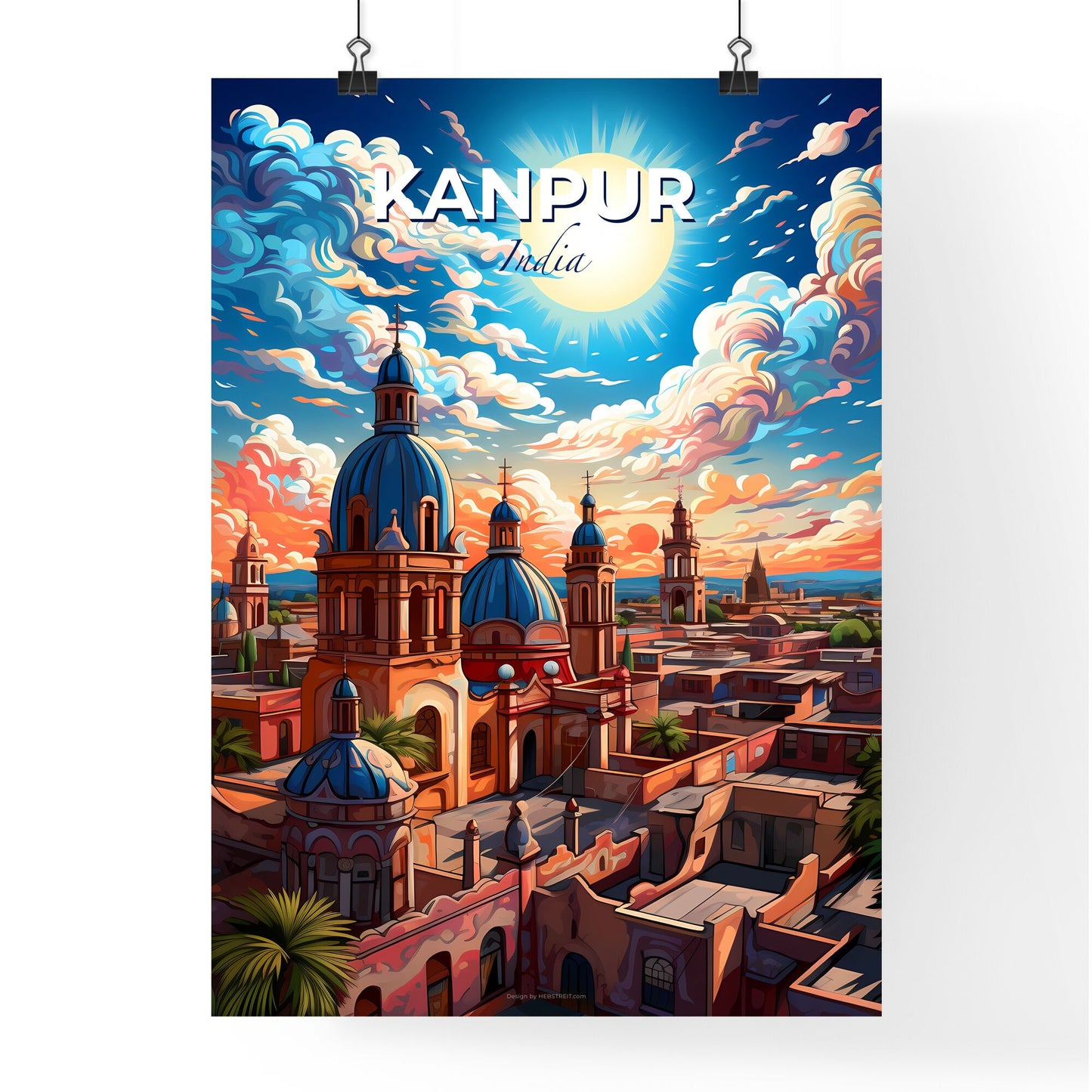 Indian Building Art - Colorful Canvas Painting with Kanpur India Skyline and Dramatic Clouds Default Title