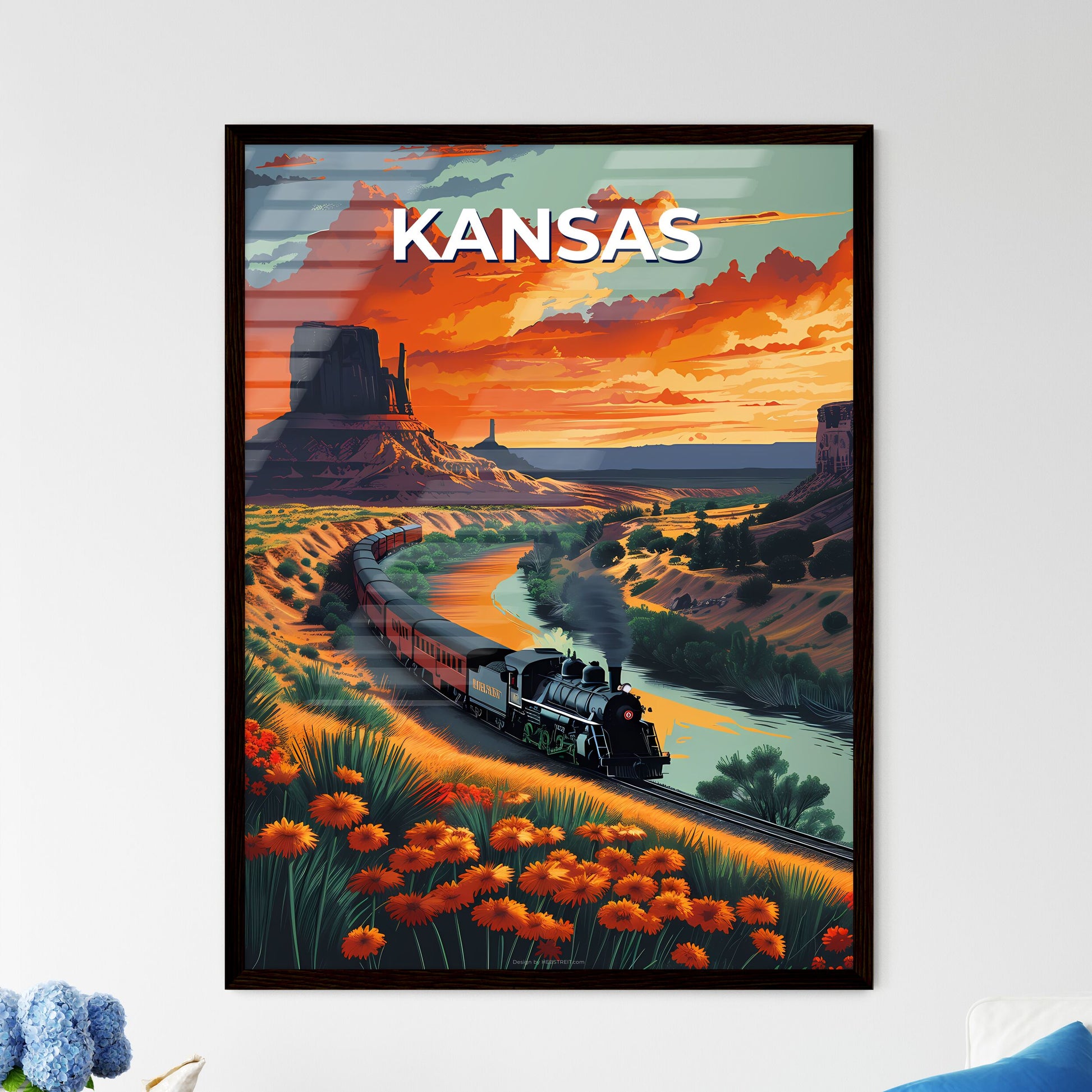 Tranquil Valley Symphony: Artfully Painted Train Journey through Kansas Bloom