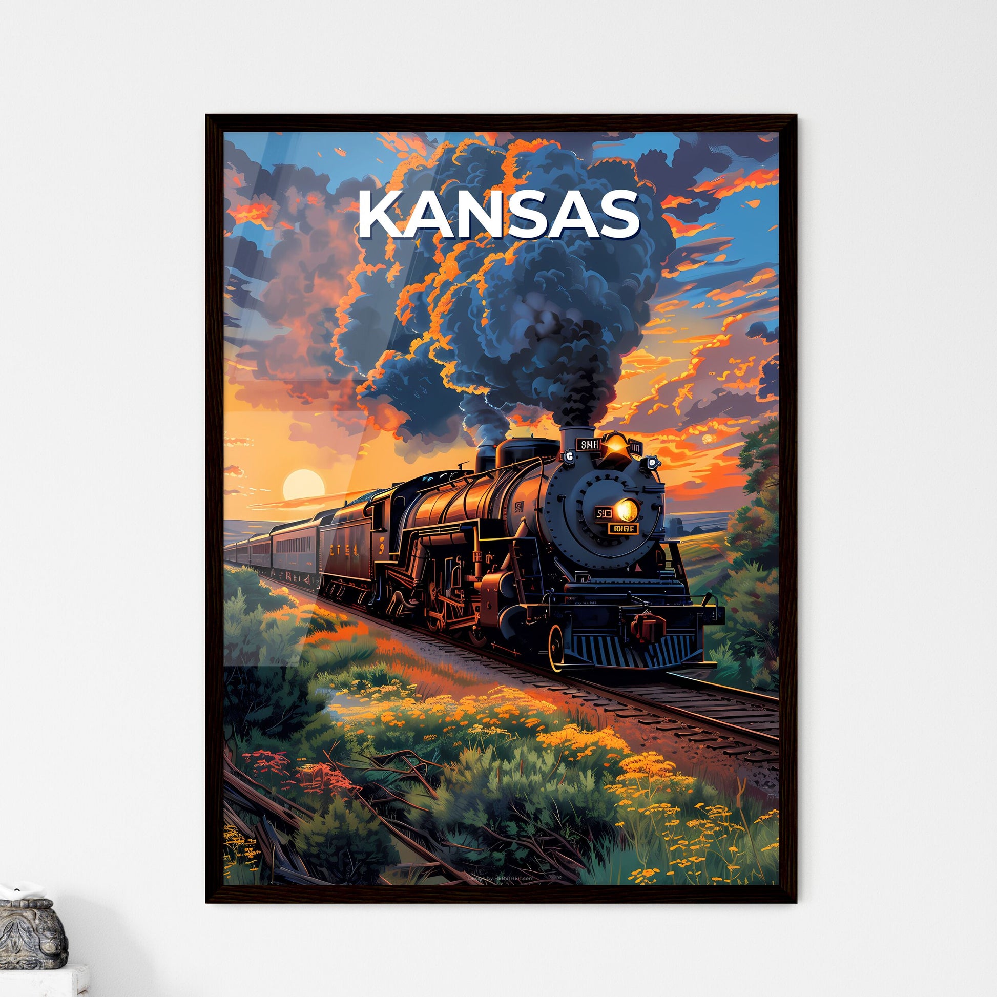 Art Deco-inspired Painting: Train on Tracks with Billowing Smoke, Kansas, USA