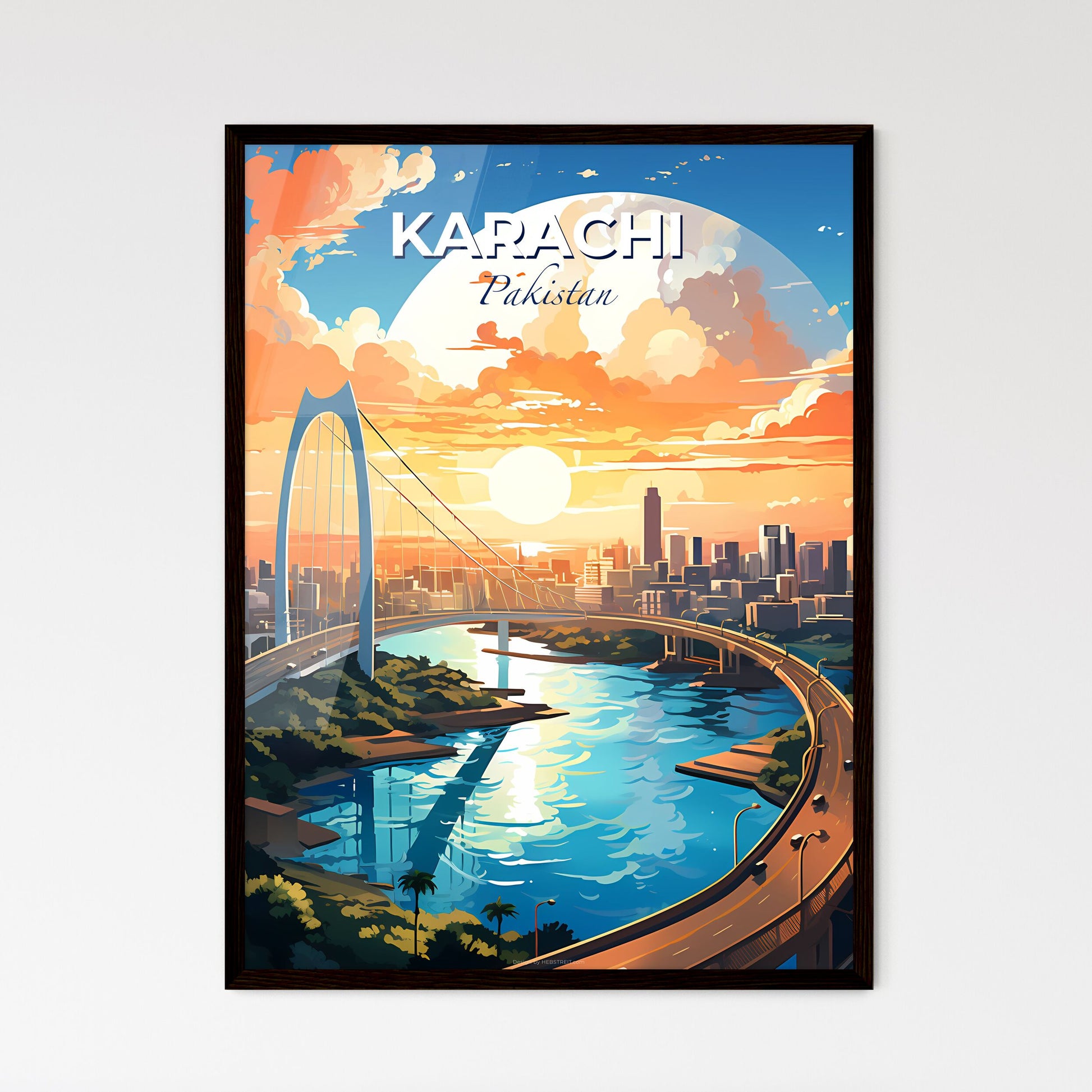 Vibrant Cityscape Painting: Karachi Pakistan Skyline - River Bridge and Urban Panorama Default Title