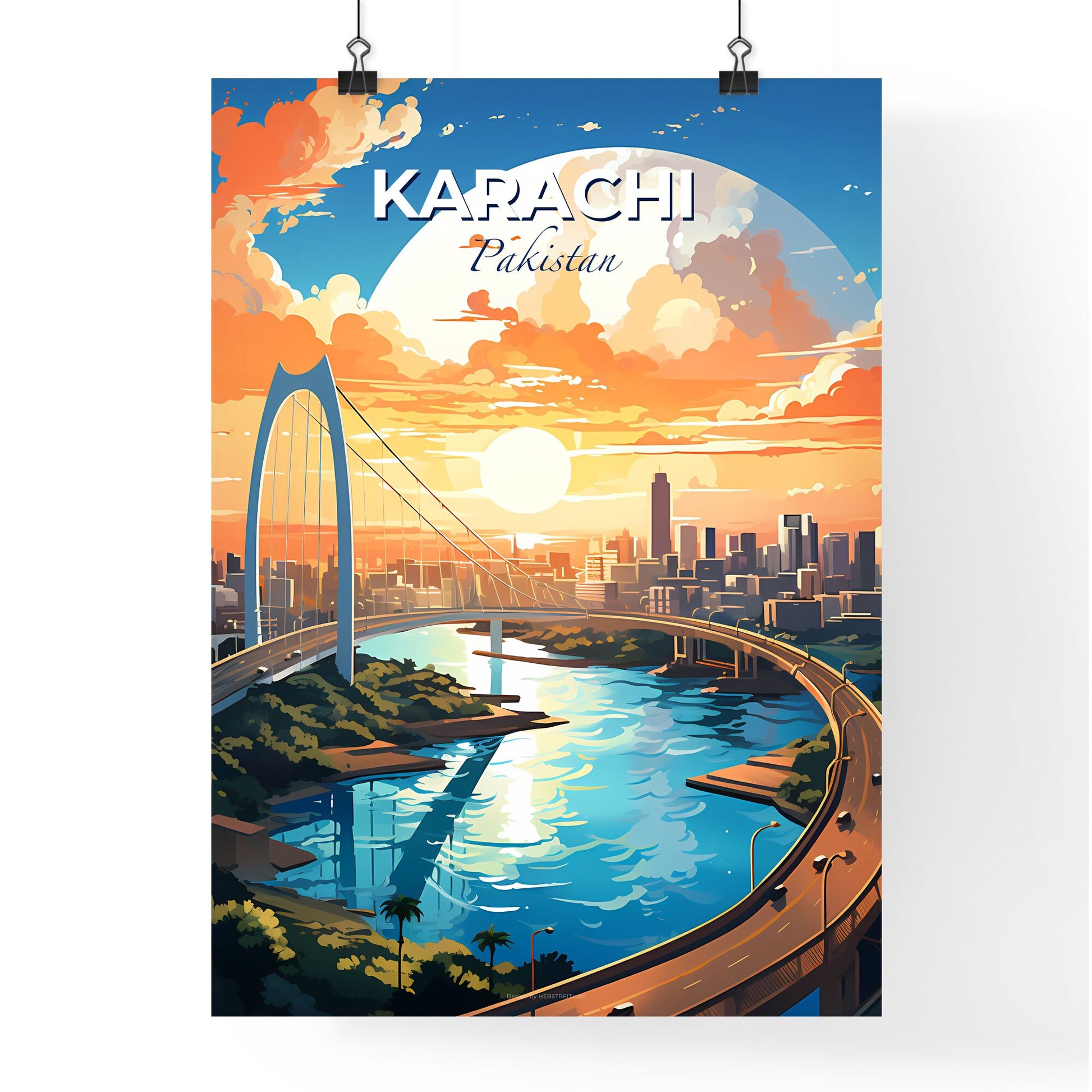 Vibrant Cityscape Painting: Karachi Pakistan Skyline - River Bridge and Urban Panorama Default Title