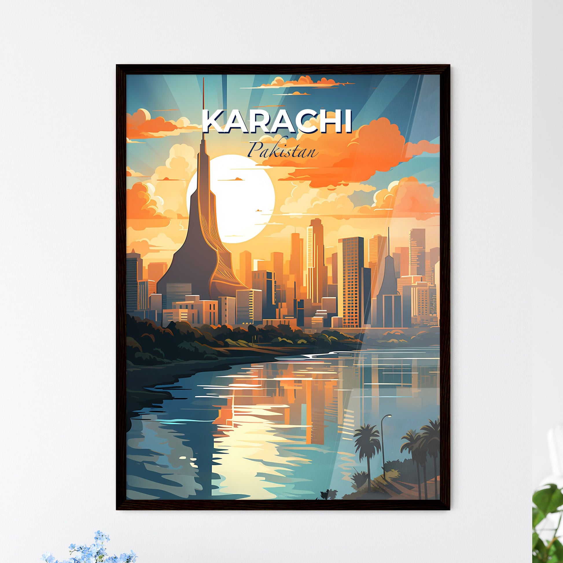 Vibrant Artistic City Skyline of Karachi Pakistan with River and Trees Default Title