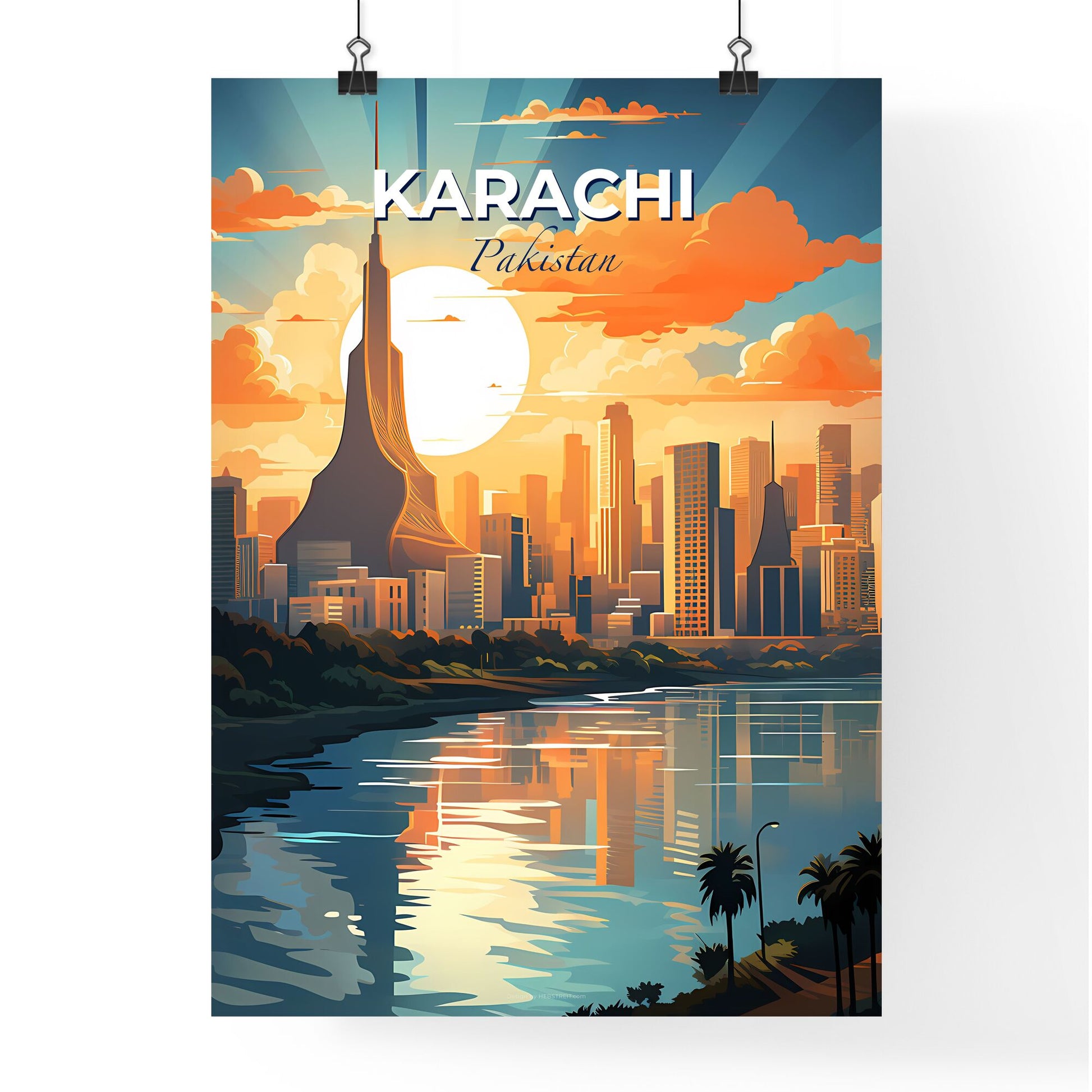 Vibrant Artistic City Skyline of Karachi Pakistan with River and Trees Default Title