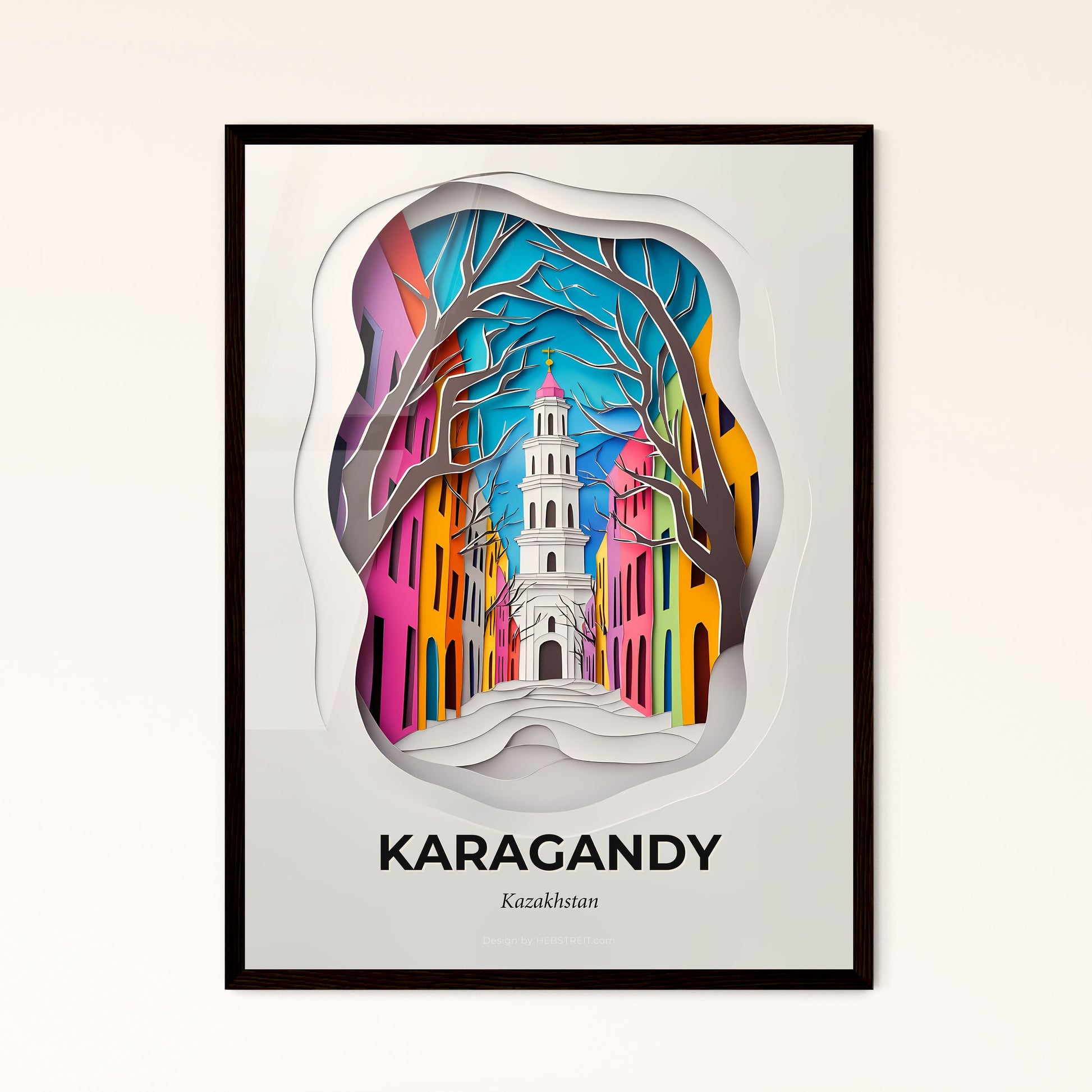 Vivid Karagandy, Kazakhstan - a paper cut of a church tower in a city