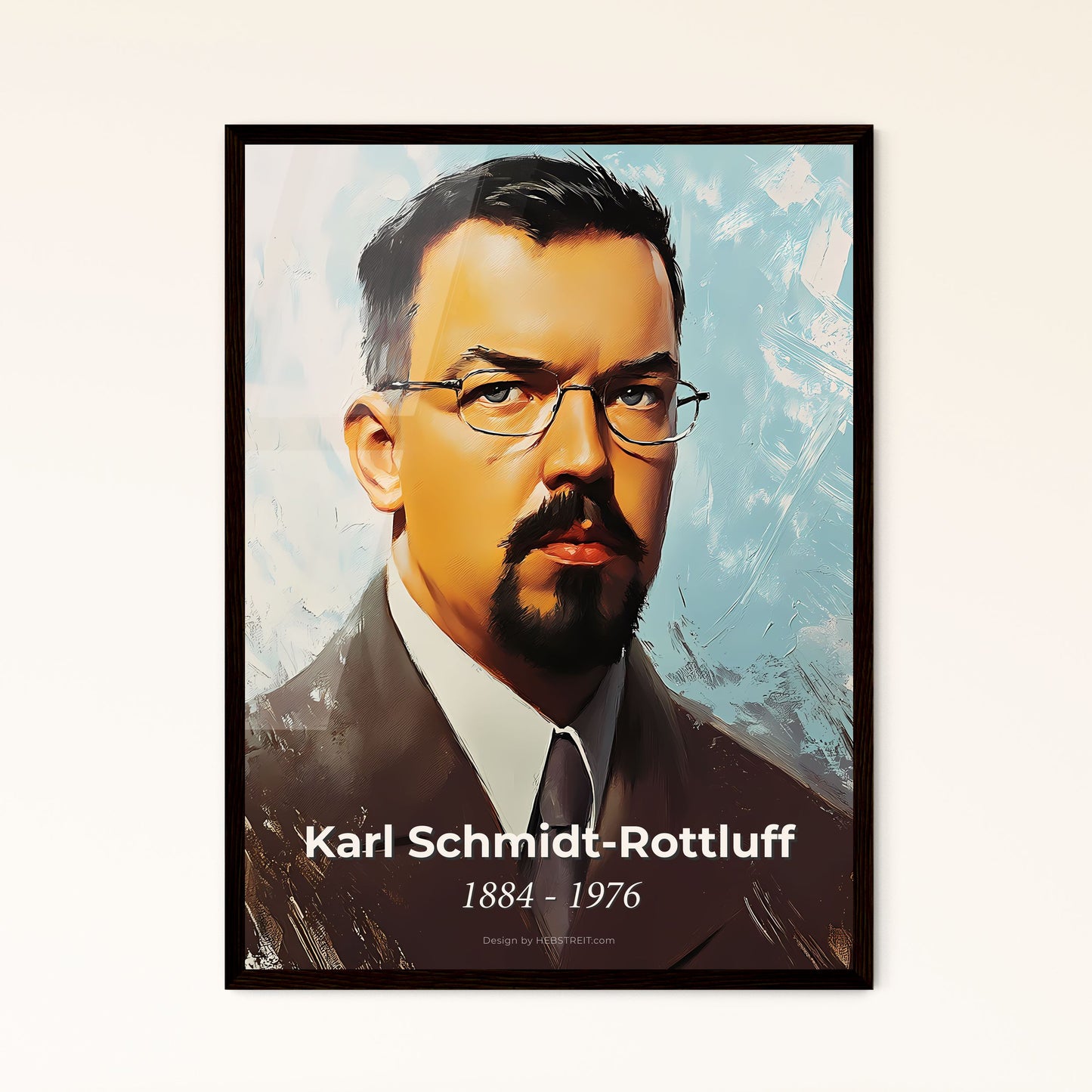 Portrait of Karl Schmidt-Rottluff, 1884 - 1976. Impressionistic painting of a man with a mustache wearing glasses.