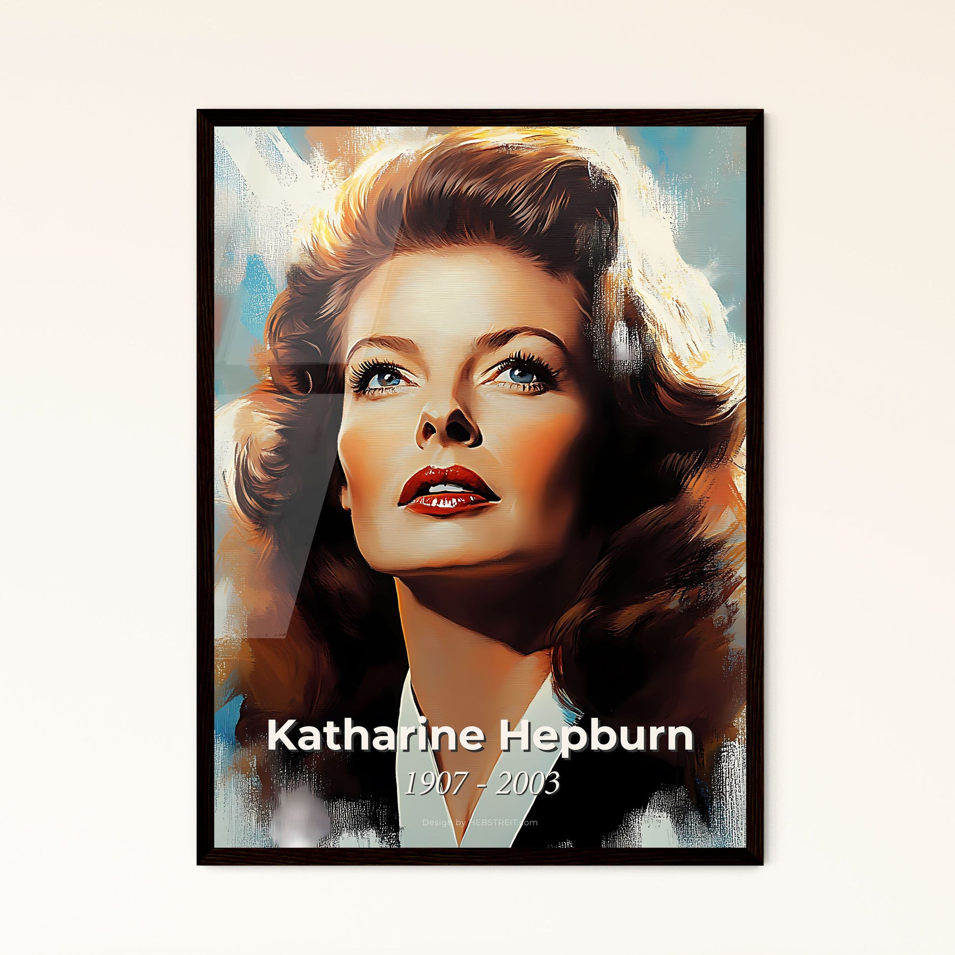 Portrait of Katharine Hepburn, 1907 - 2003. Impressionistic painting of a woman with red lips and long hair.