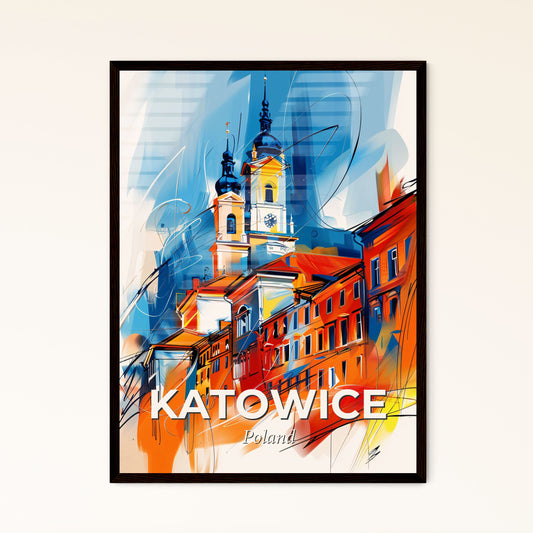 Vibrant Katowice, Poland - A Painting Of A Building With A Tower