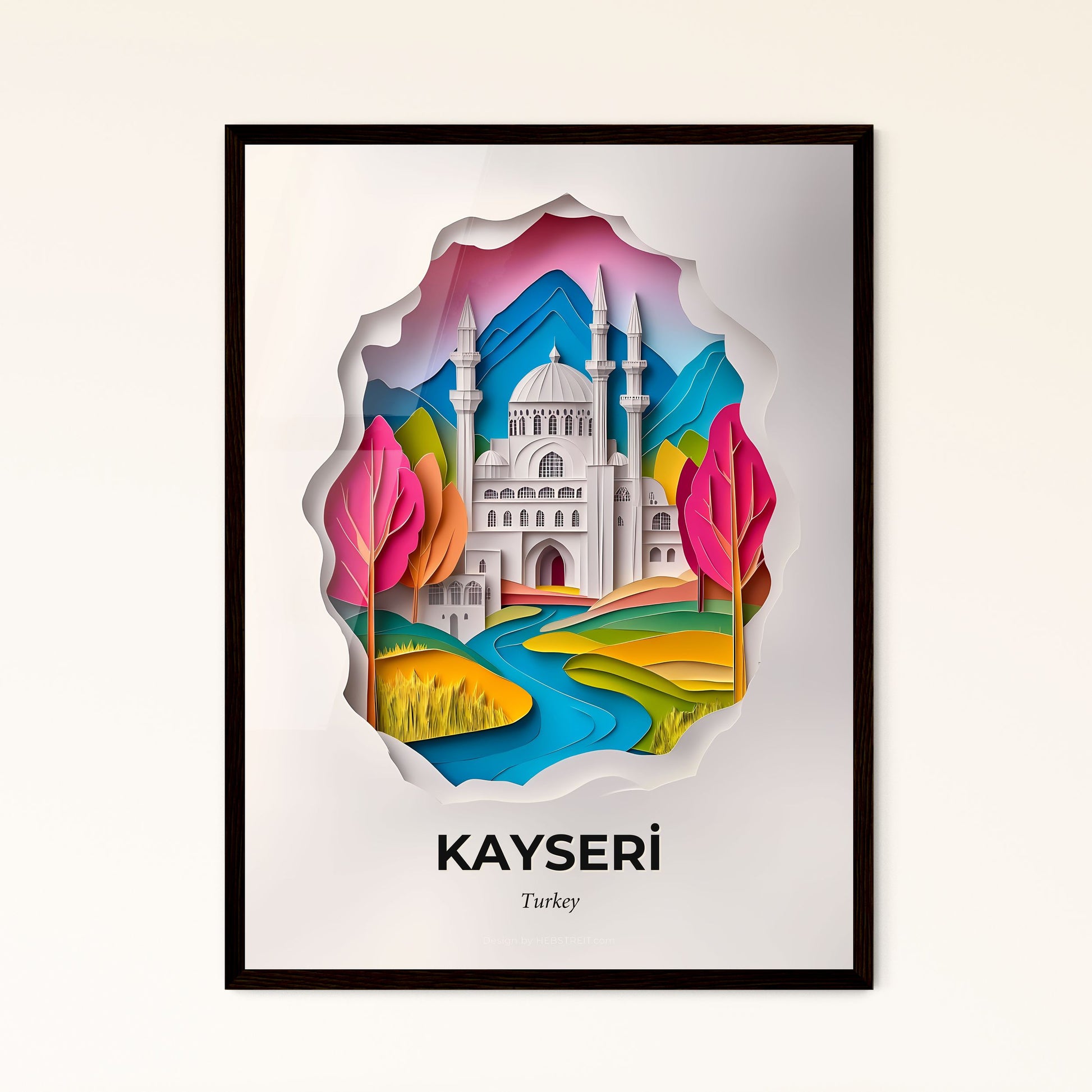 Vivid Kayseri, Turkey - a paper cut of a mosque with trees and a river