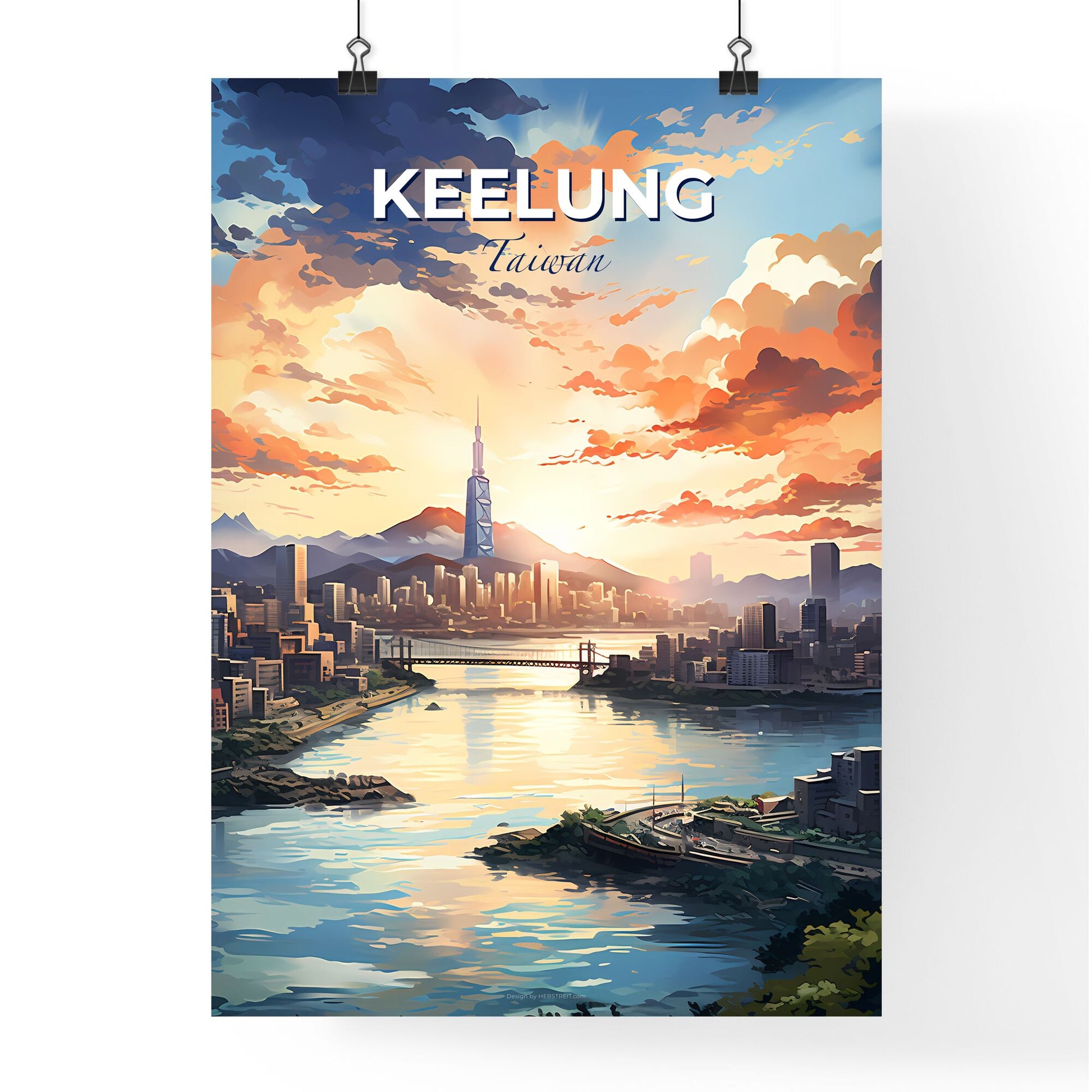 Expressive Skyline Cityscape Painting: Keelung Taiwan with River and Mountains Default Title