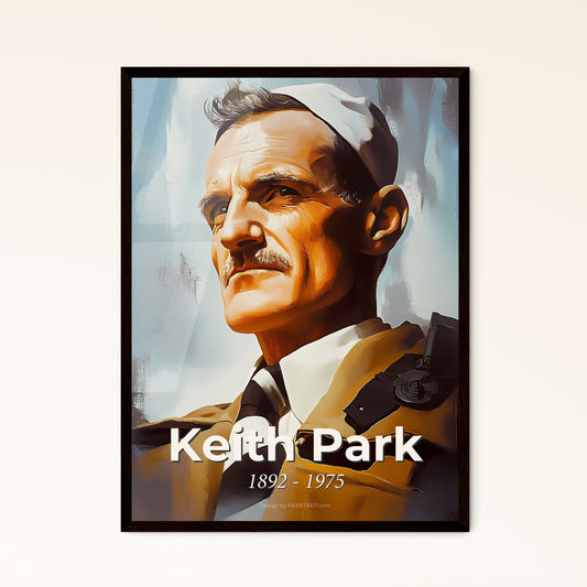 Portrait of Keith Park, 1892 - 1975. Impressionistic painting of a man with a mustache wearing a white hat and a striped tie.