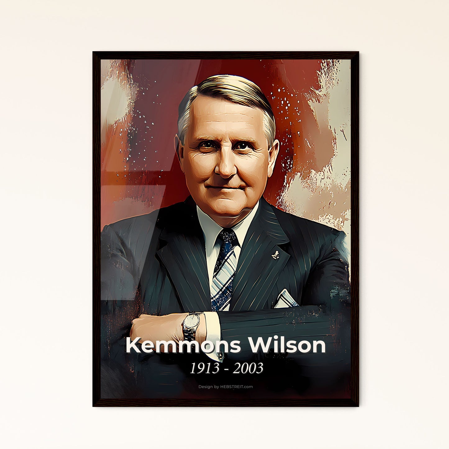 Portrait of Kemmons Wilson, 1913 - 2003. Impressionistic painting of a man in a suit with his arms crossed.