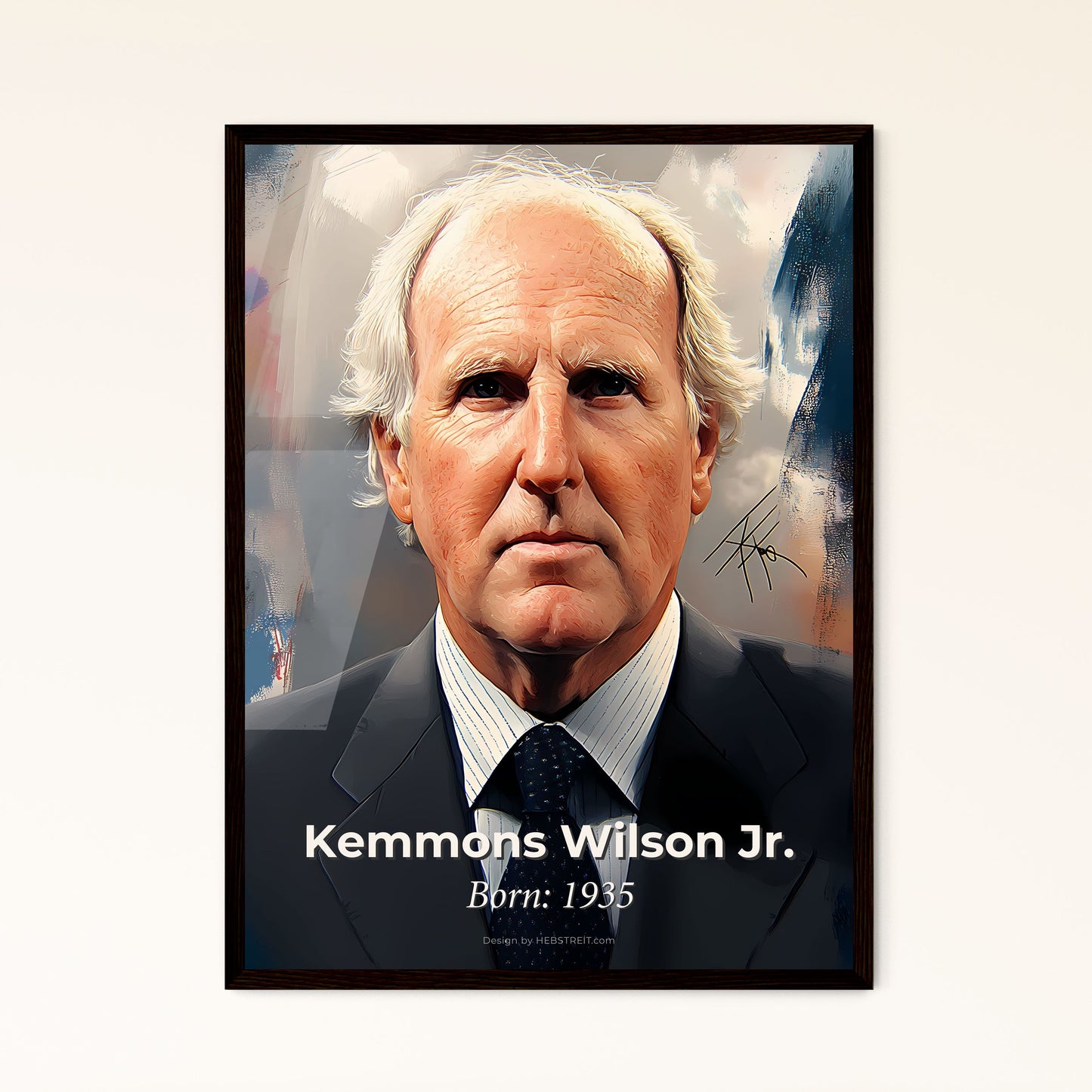 Portrait of Kemmons Wilson Jr., Born: 1935. Impressionistic painting of a man in a suit.