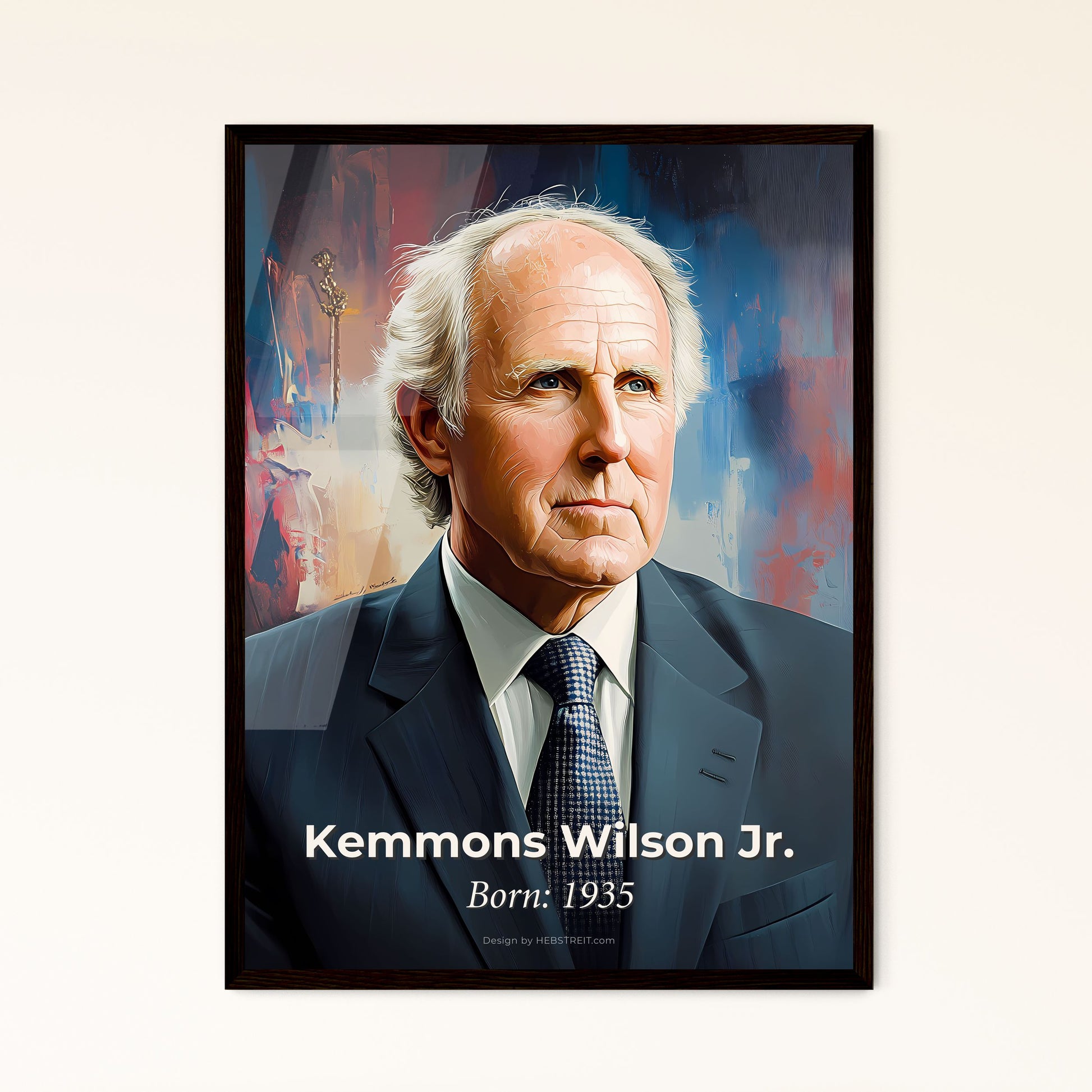 Portrait of Kemmons Wilson Jr., Born: 1935. Impressionistic painting of a man in a suit.