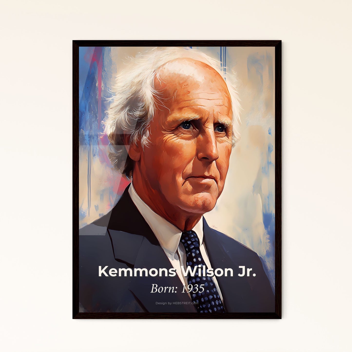 Portrait of Kemmons Wilson Jr., Born: 1935. Impressionistic painting of a man in a suit and tie.