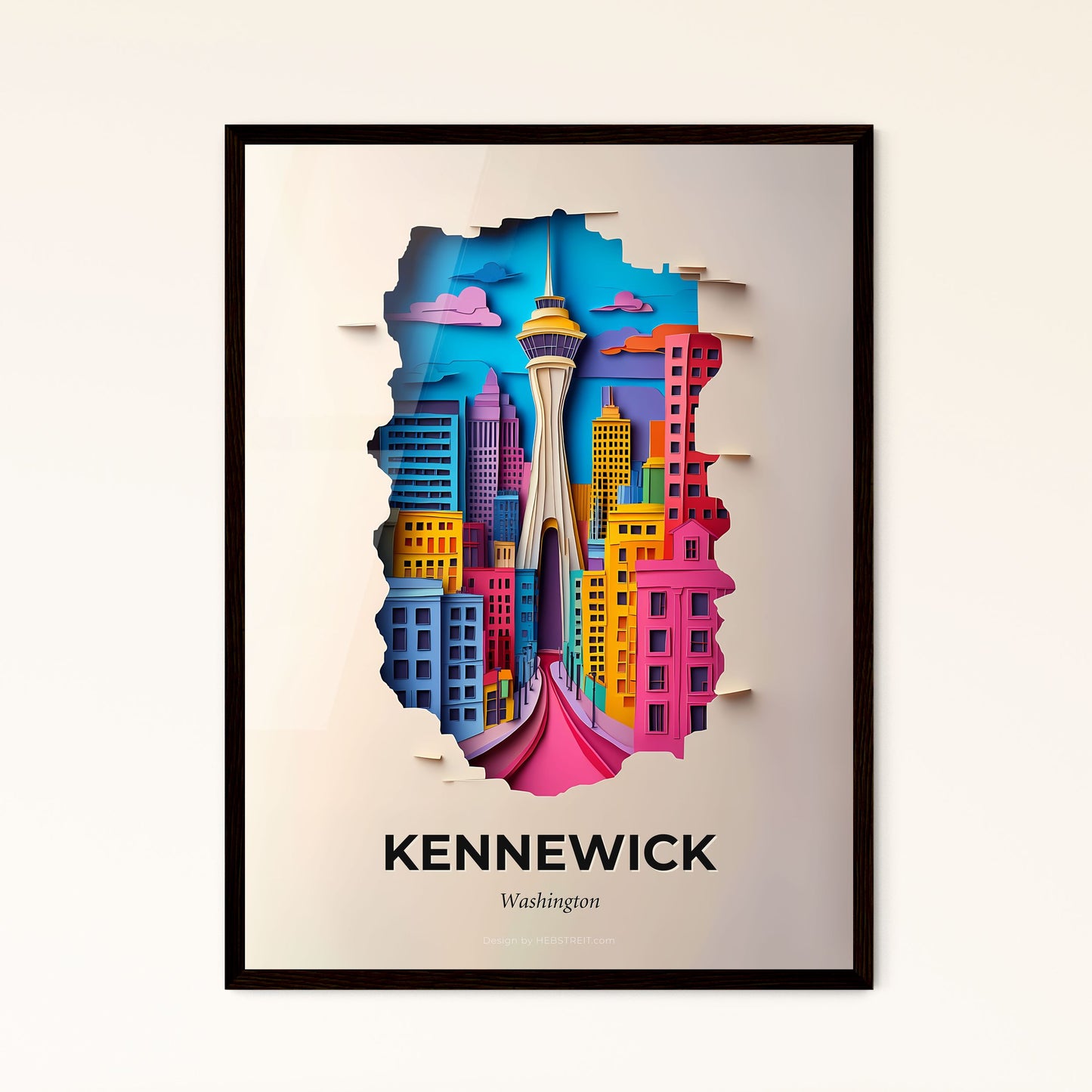 Vivid Kennewick, Washington - a paper cut of a city with a space needle