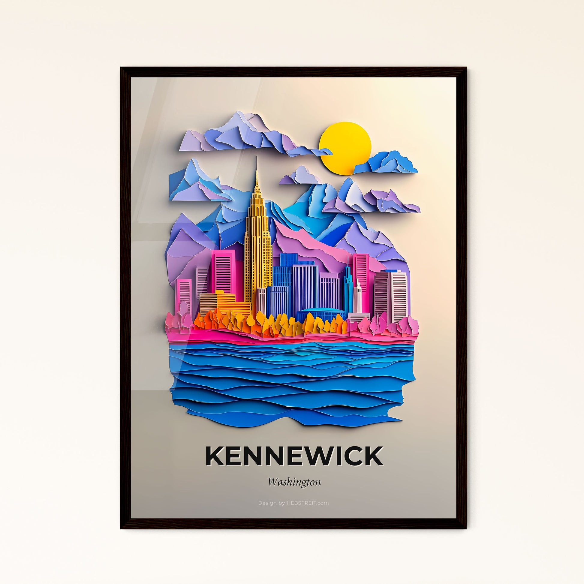 Vivid Kennewick, Washington - a paper cut of a city with a mountain in the background