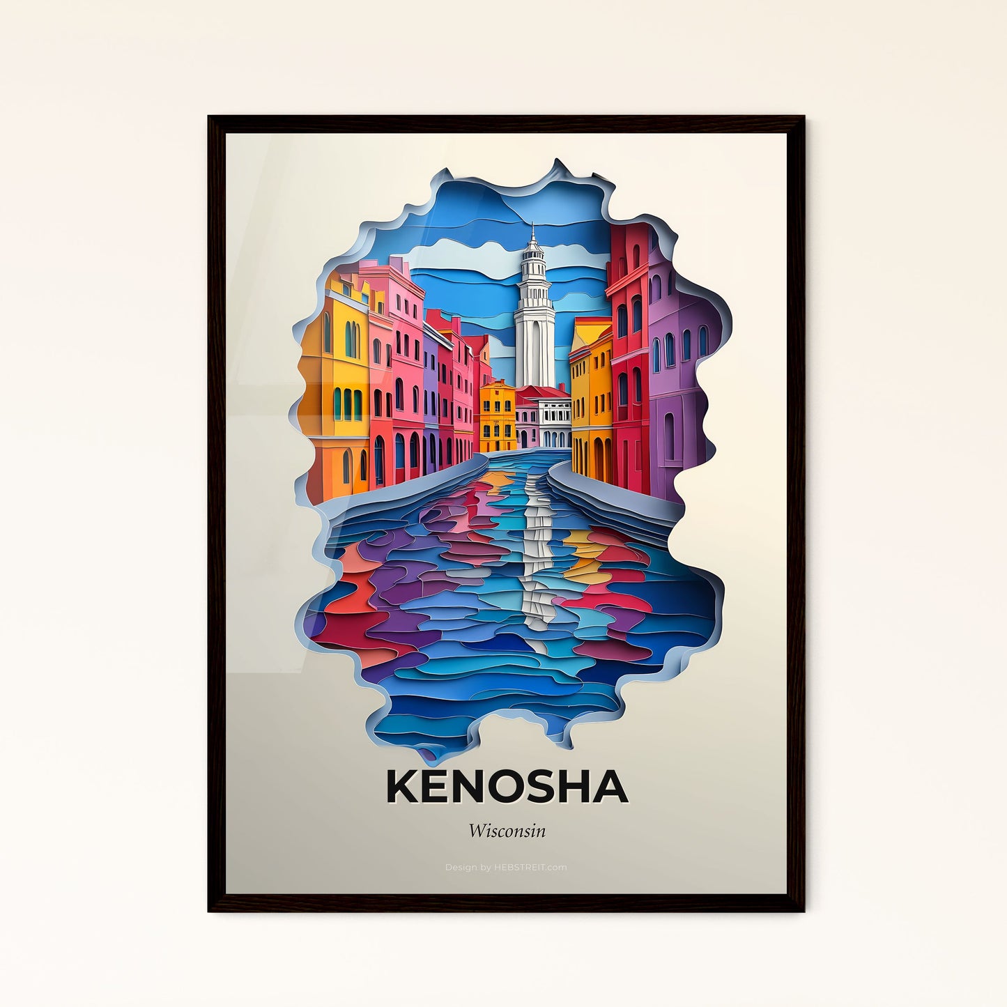 Vivid Kenosha, Wisconsin - a city with a river and a clock tower