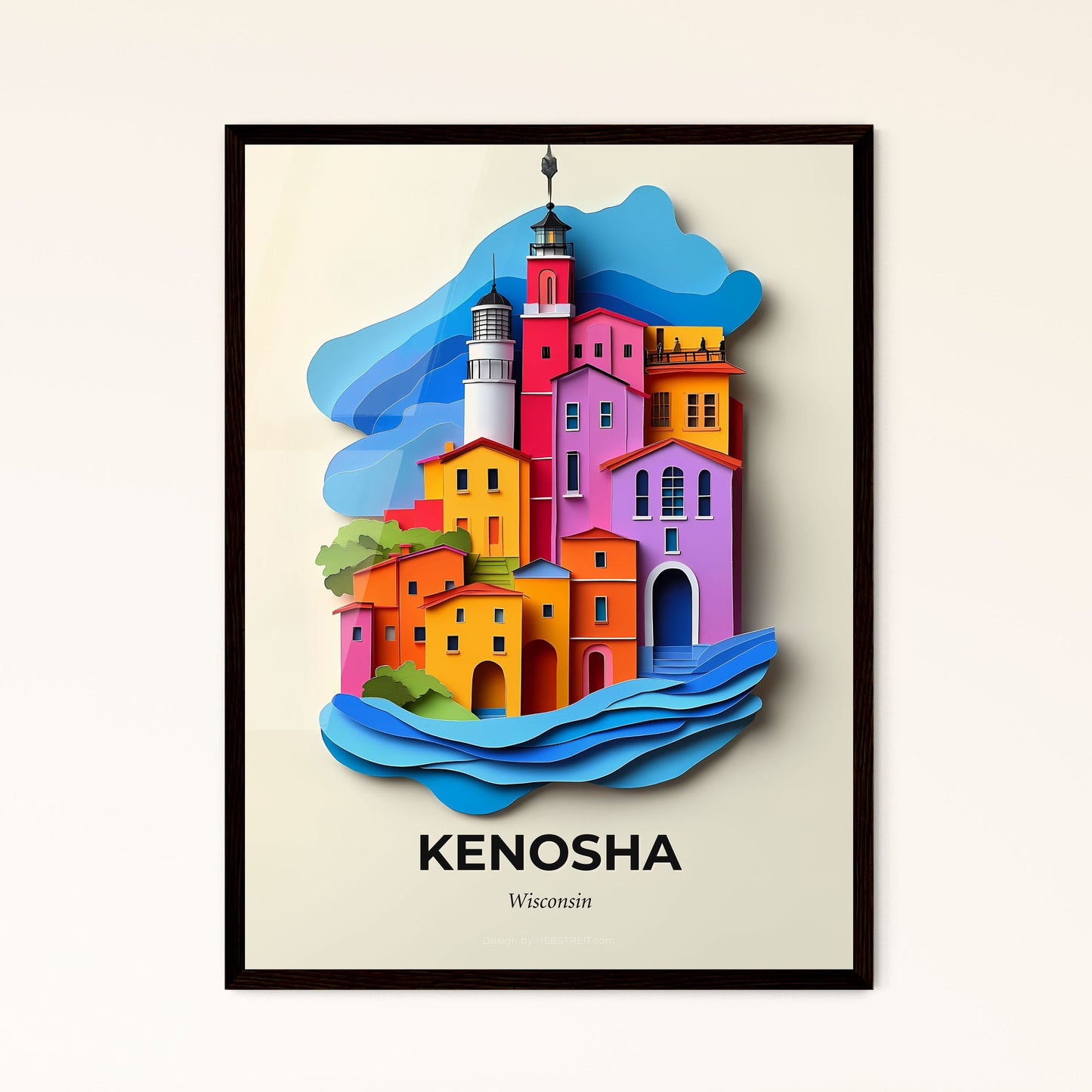 Vivid Kenosha, Wisconsin - a colorful city with a lighthouse on top of it