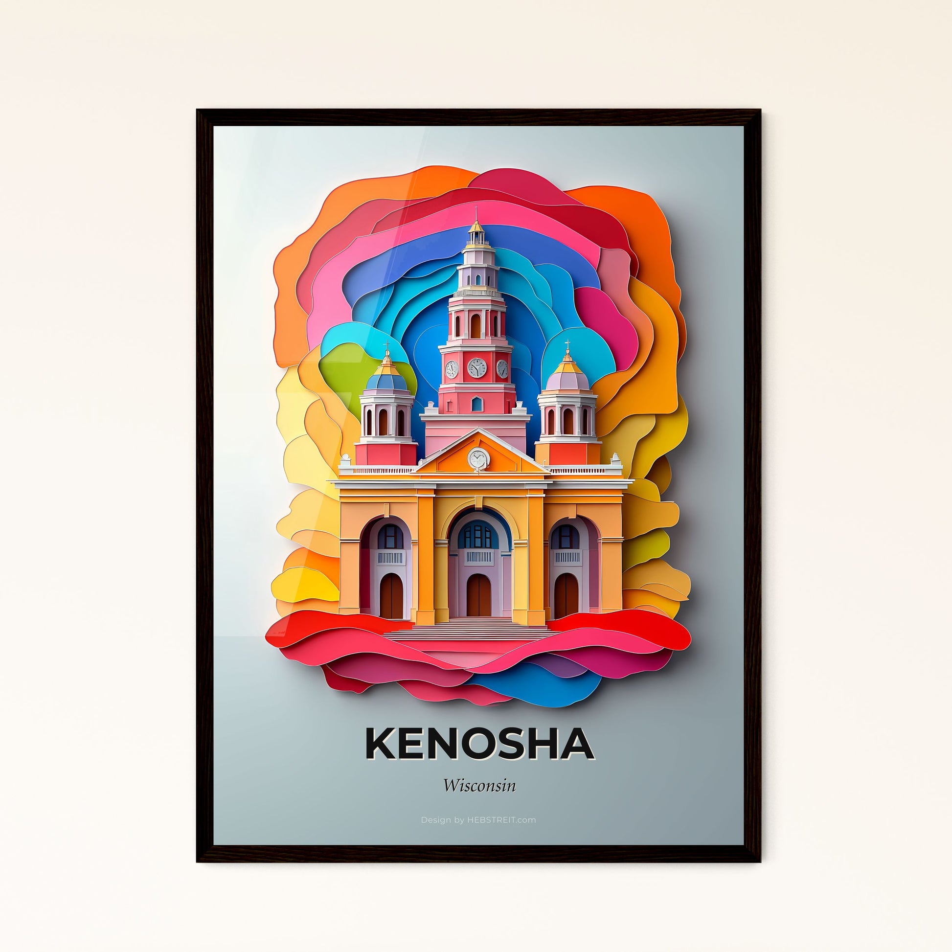 Vivid Kenosha, Wisconsin - a church with a clock tower in a colorful paper cutout