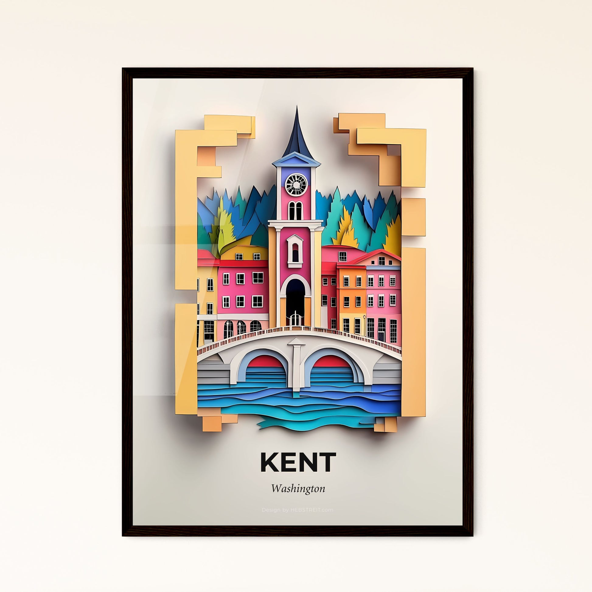 Vivid Kent, Washington - a paper cut of a clock tower and a bridge