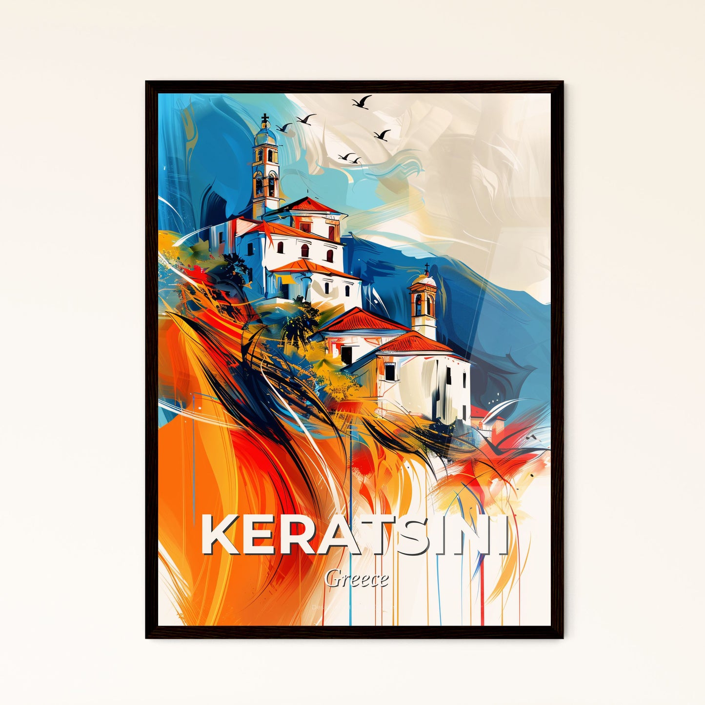 Vibrant Keratsini, Greece - A Painting Of A Building On A Hill