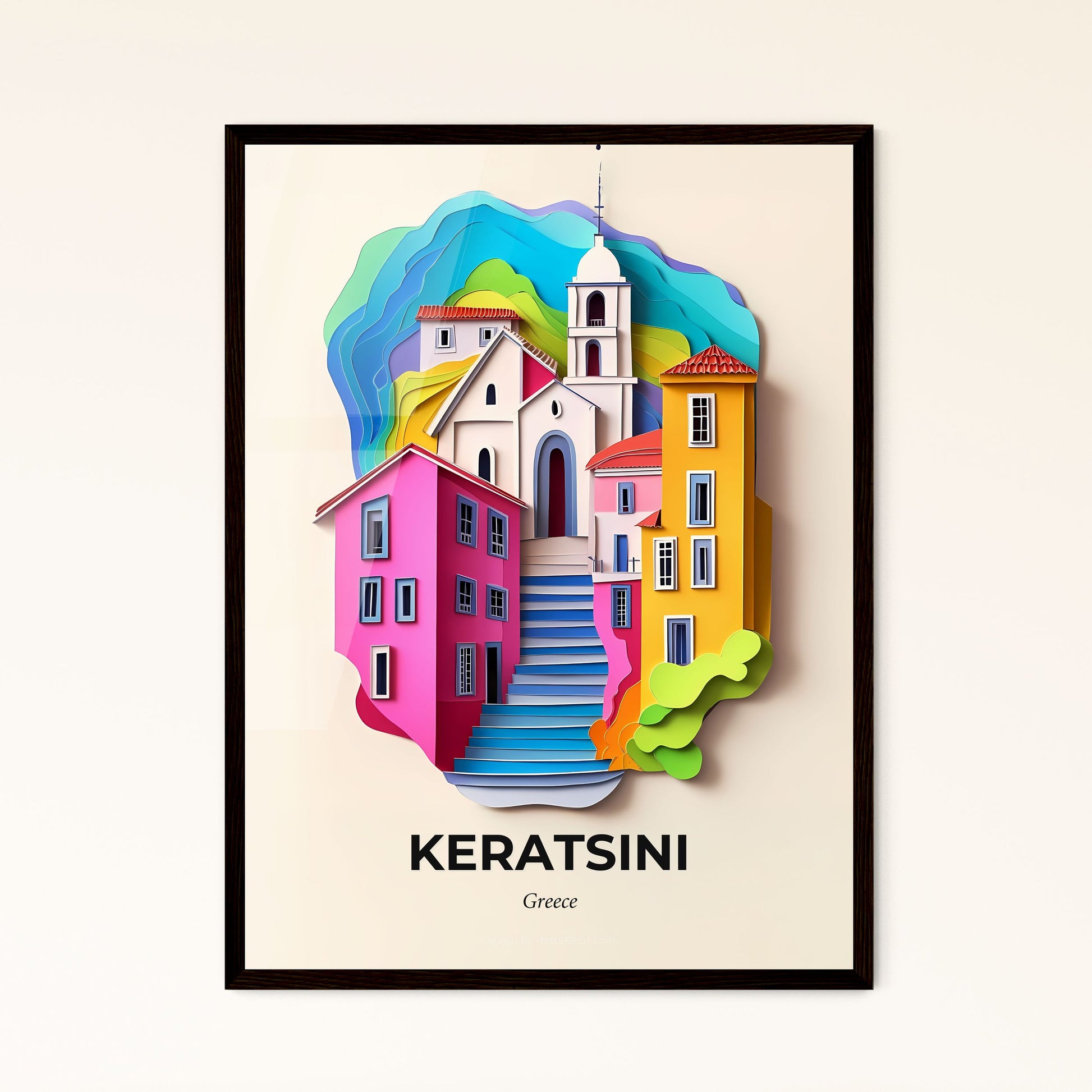 Vivid Keratsini, Greece - a colorful city with a steeple and a church