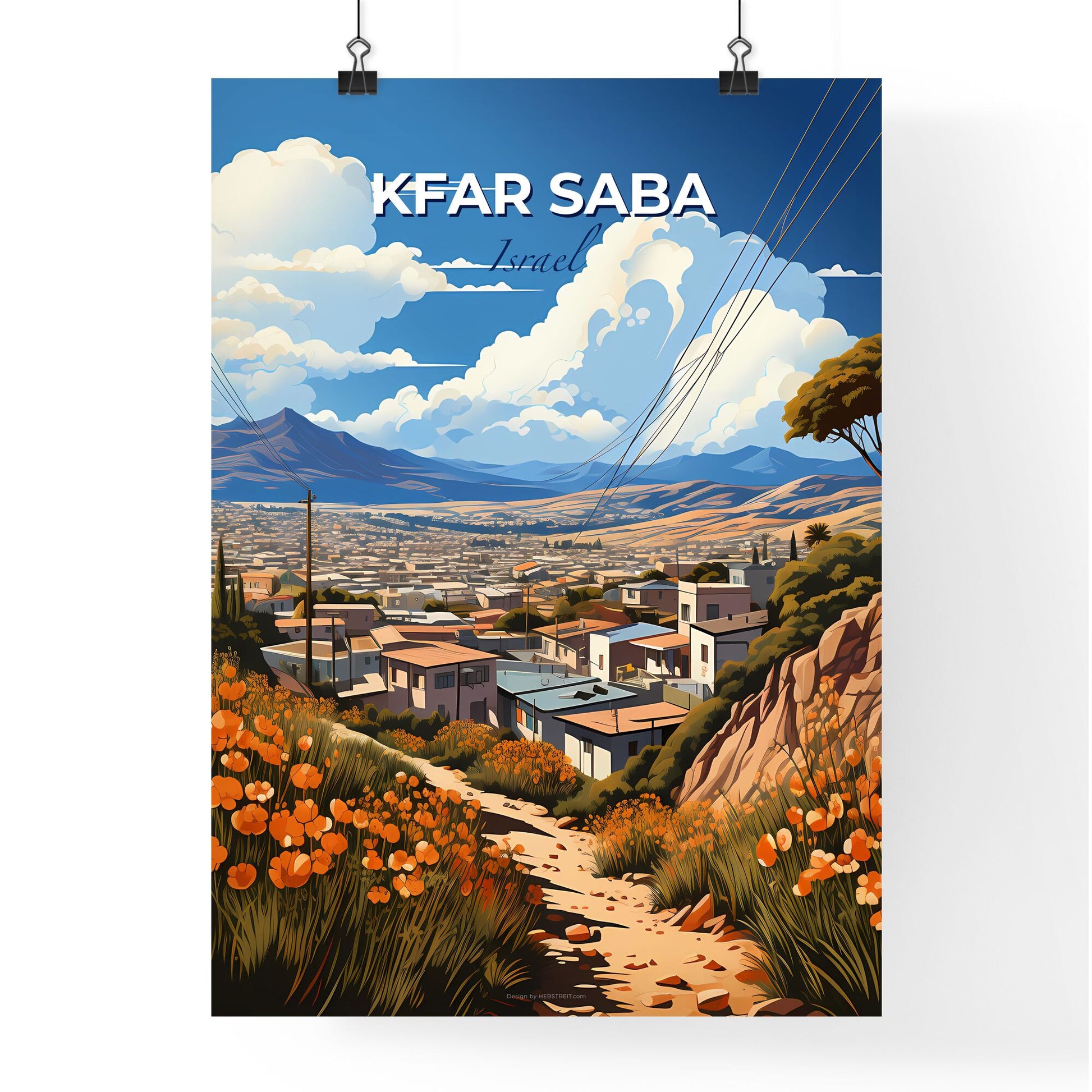 Kfar Saba Israel Skyline - A Colorful Painting of Orange Flowers and City Buildings Default Title