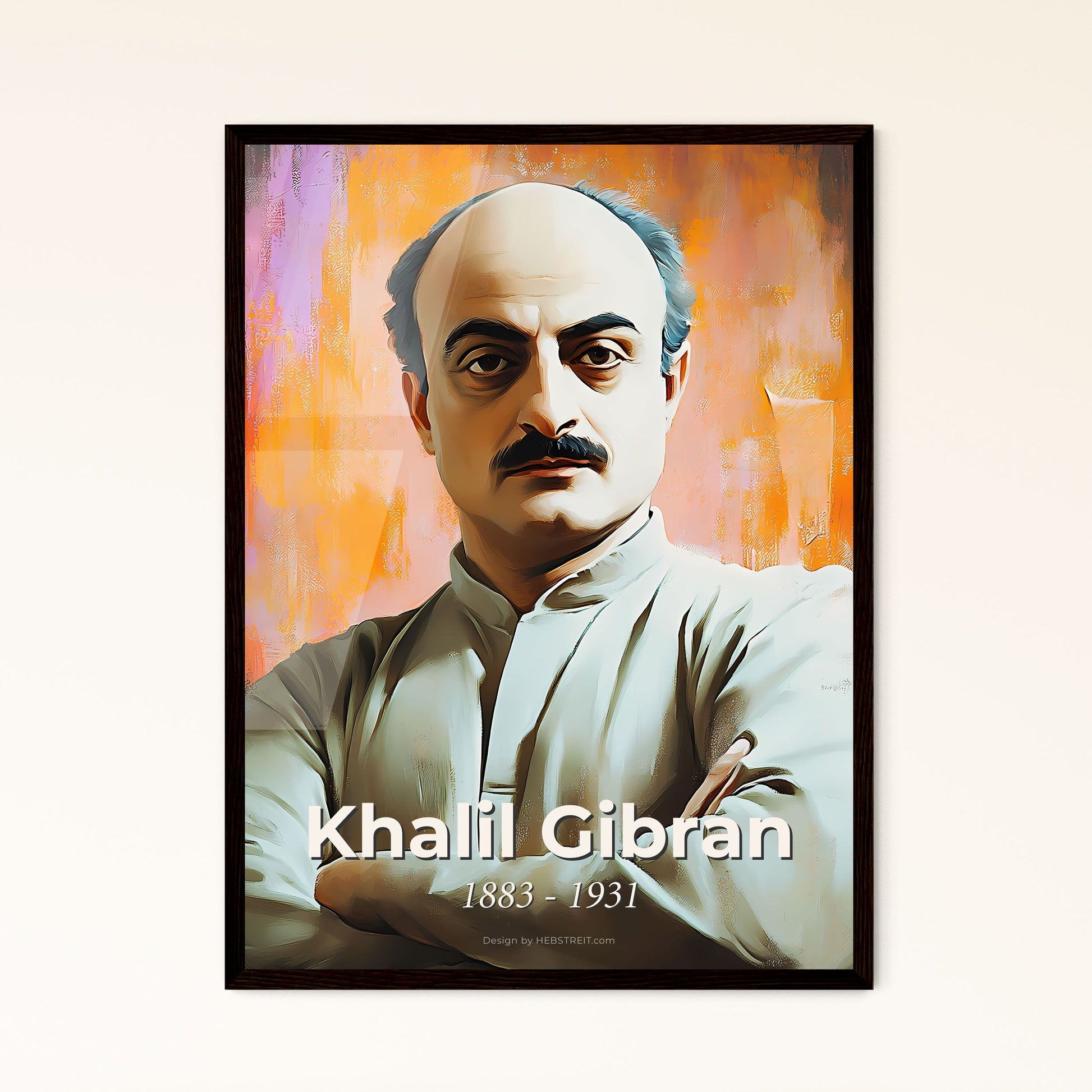 Portrait of Khalil Gibran, 1883 - 1931. Impressionistic painting of a man with his arms crossed.