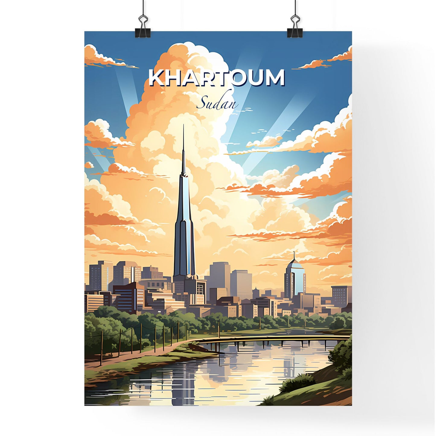 Khartoum Cityscape Art - Vibrant Painting of Sudan's Skyline with Tower and River Default Title