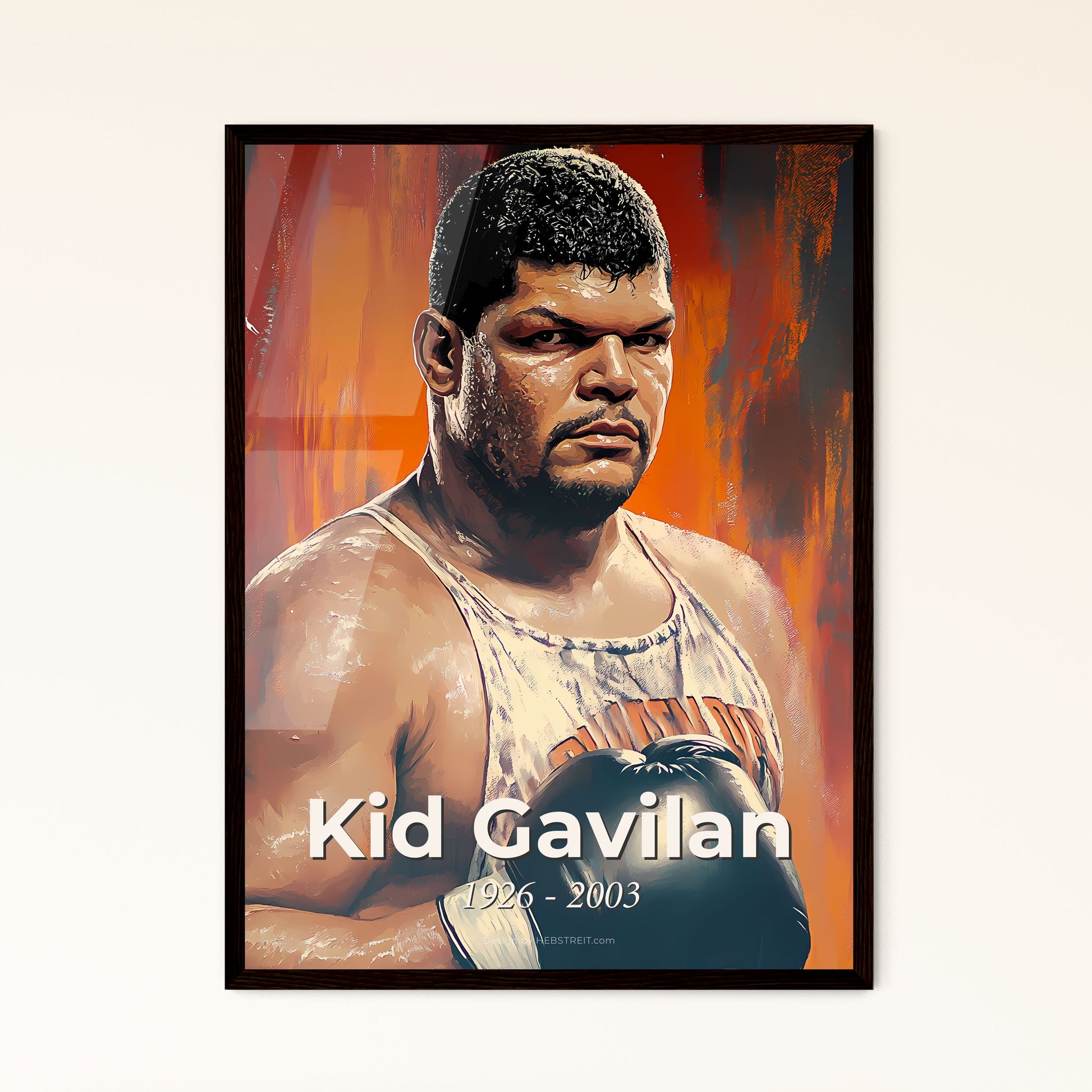 Portrait of Kid Gavilan, 1926 - 2003. Impressionistic painting of a man wearing boxing gloves.