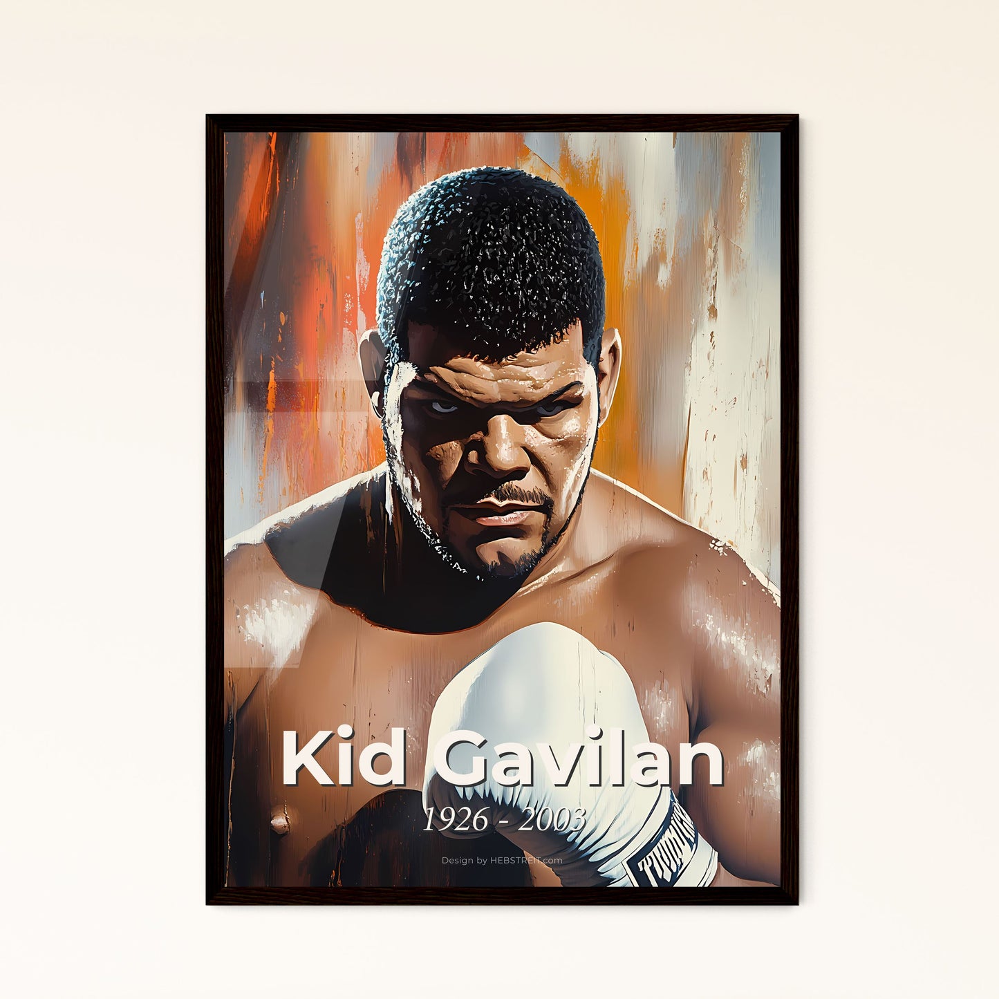 Portrait of Kid Gavilan, 1926 - 2003. Impressionistic painting of a man with boxing gloves.