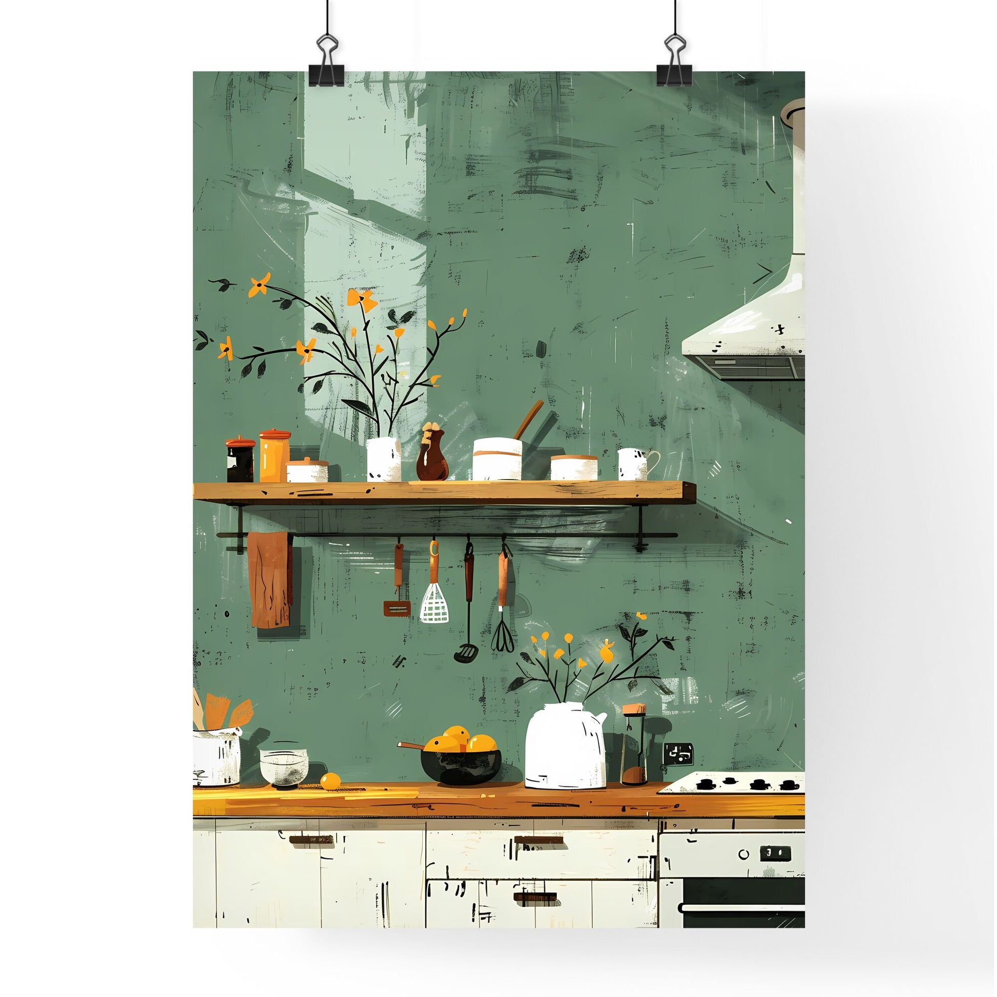 Kitchen utensil shelf abstract art: green background, multi-color lines, vivid painting Default Title