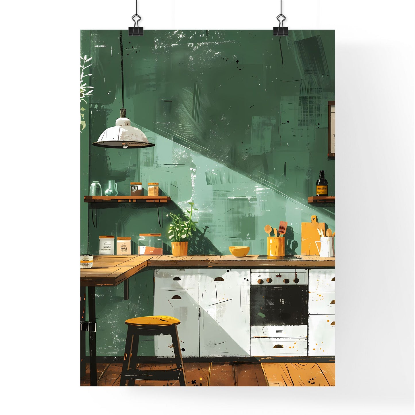 Abstract Art Painting, Multi-Color Lines, Advanced Color Match, Green Background, Kitchen, Table, Stools Default Title