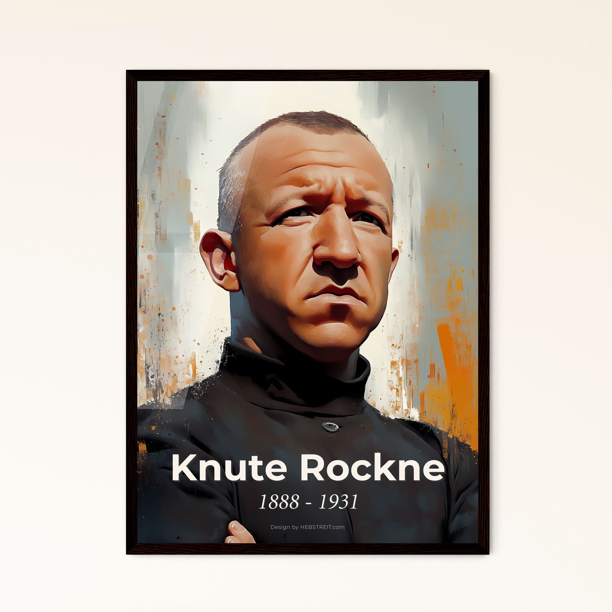 Portrait of Knute Rockne, 1888 - 1931. Impressionistic painting of a man with his arms crossed.