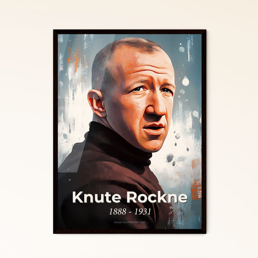 Portrait of Knute Rockne, 1888 - 1931. Impressionistic painting of a man in a black turtleneck.