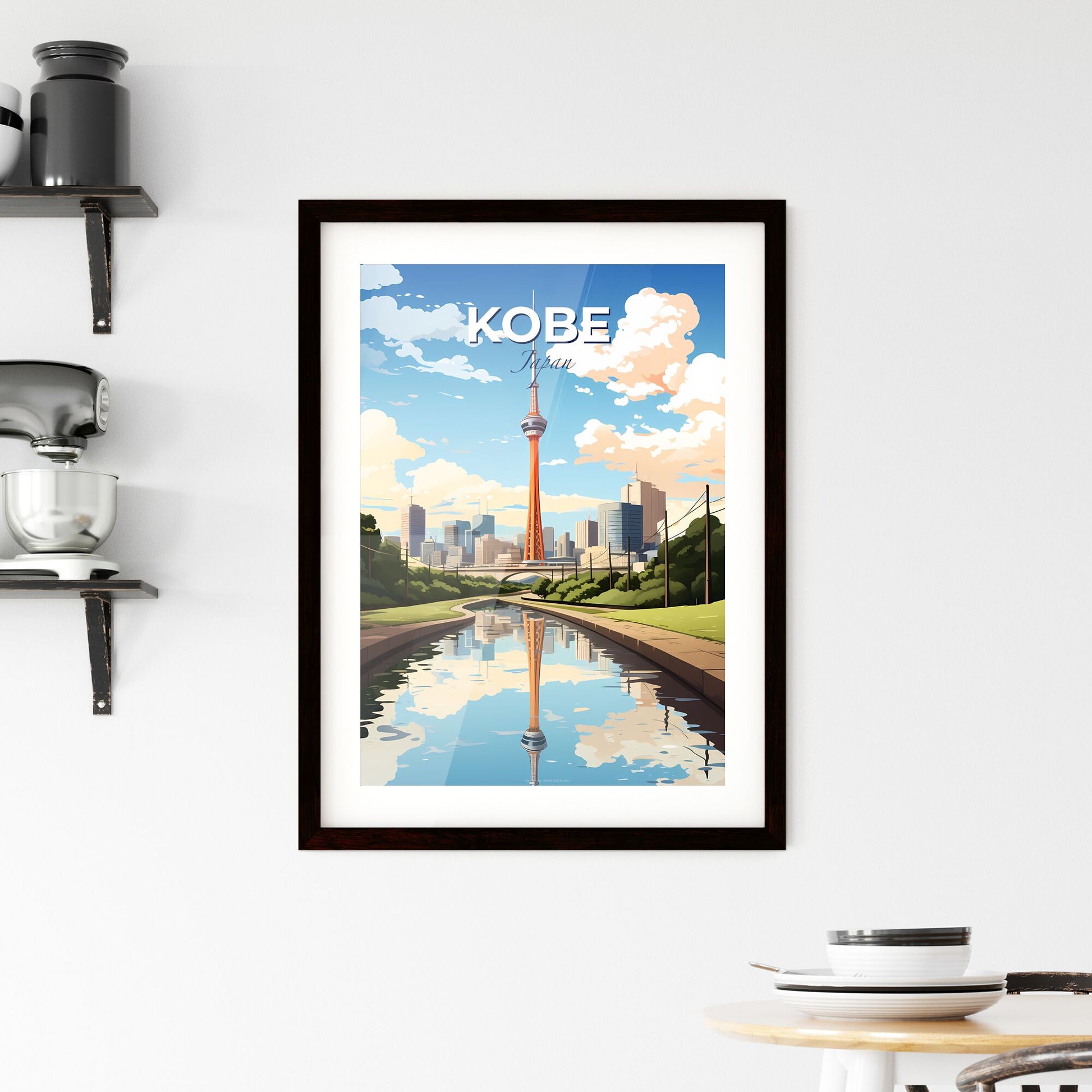 Kobe Skyline Japan - Artistic Cityscape with Canal and Tower Default Title