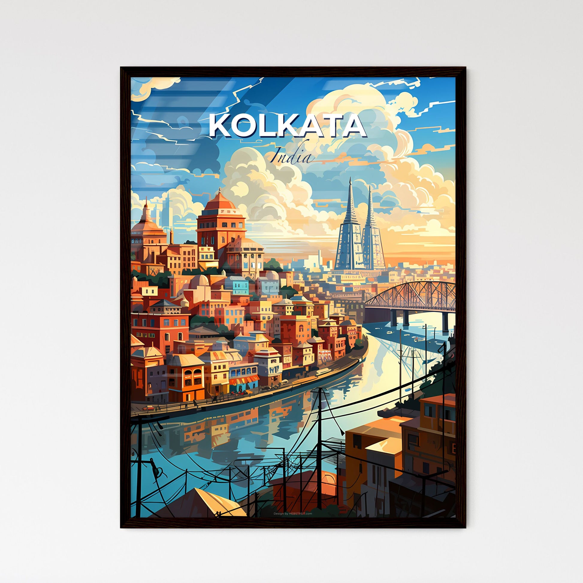 Vibrant India Skyline Painting Kolkata River Cityscape Default Title