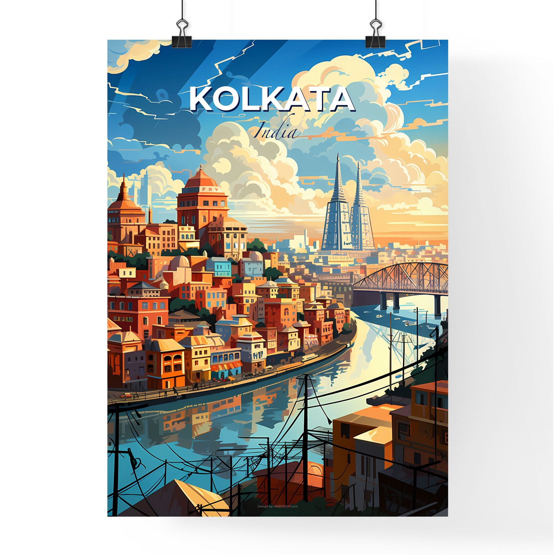 Vibrant India Skyline Painting Kolkata River Cityscape Default Title