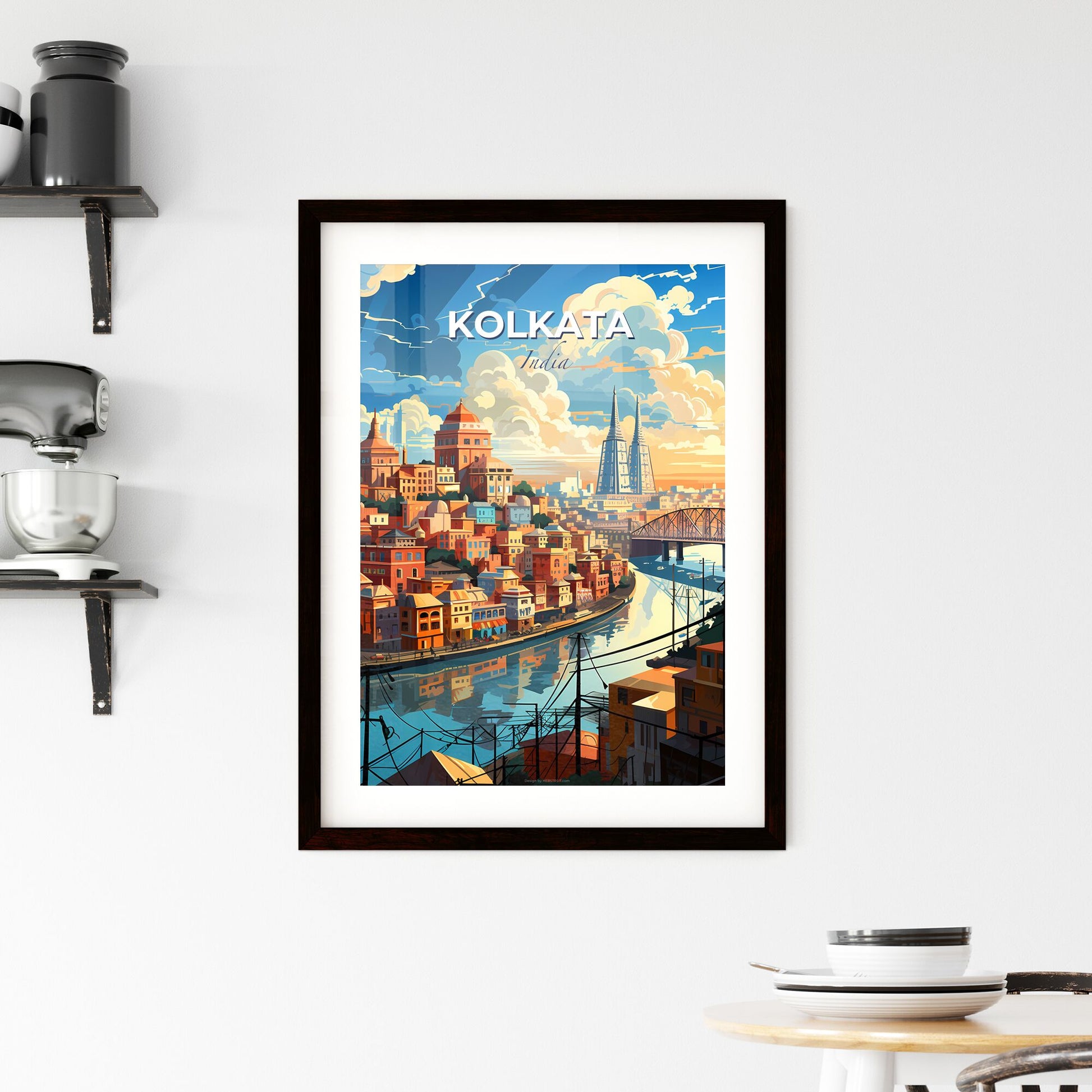 Vibrant India Skyline Painting Kolkata River Cityscape Default Title