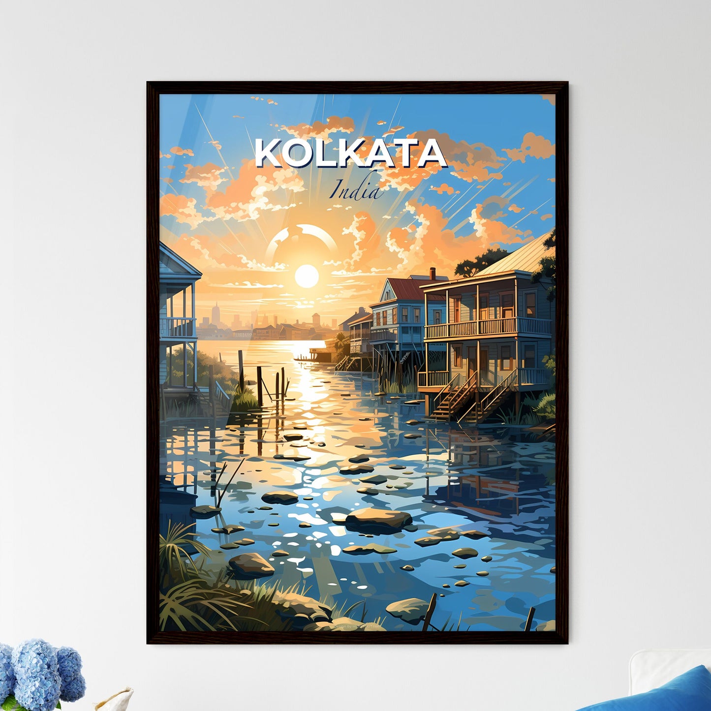 Artistic Cityscape of Kolkata India Skyline with Vibrant Sunset and Water Bodies Default Title