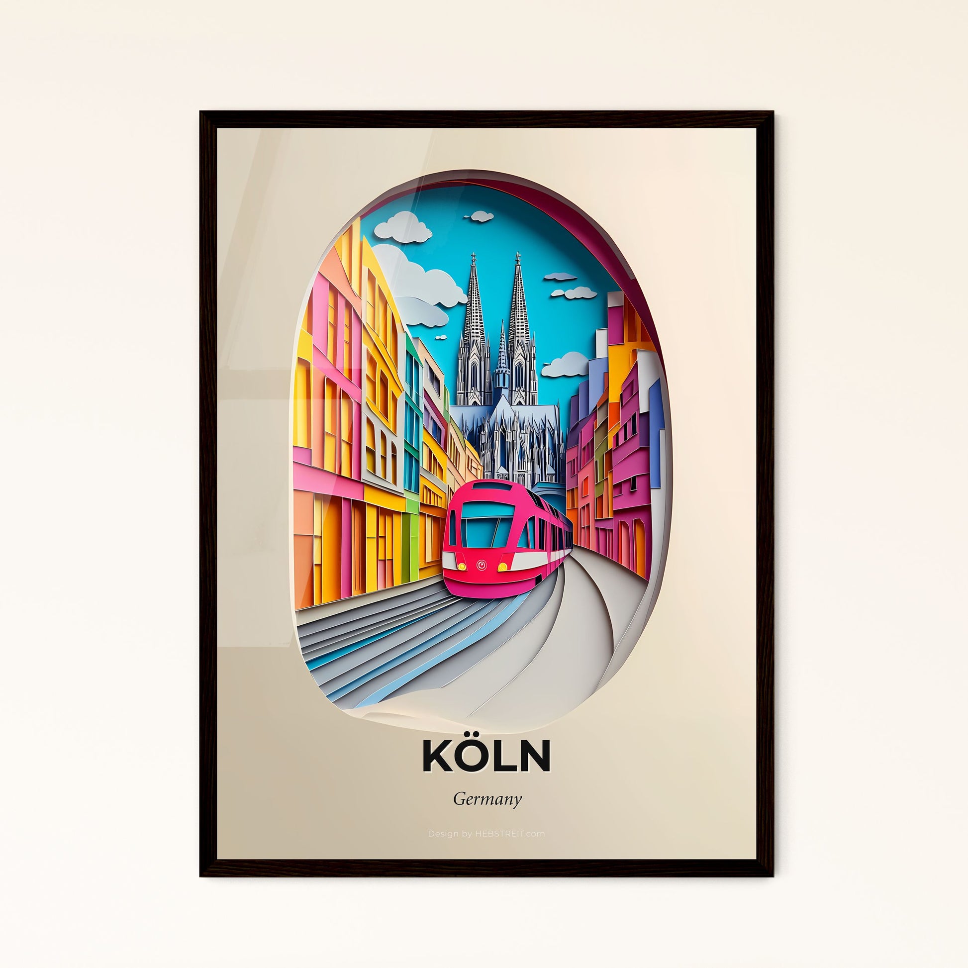 Vivid Cologne, Germany - a train traveling down a city street next to tall buildings