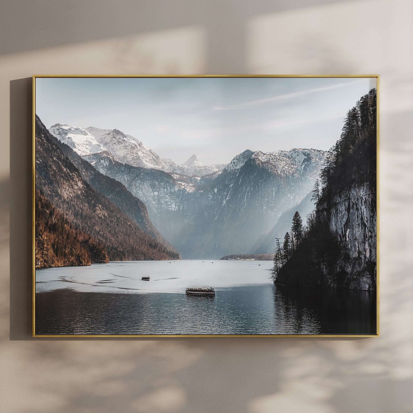Königssee Lake Print – Bavarian Alps Landscape with Boats and Cliffs