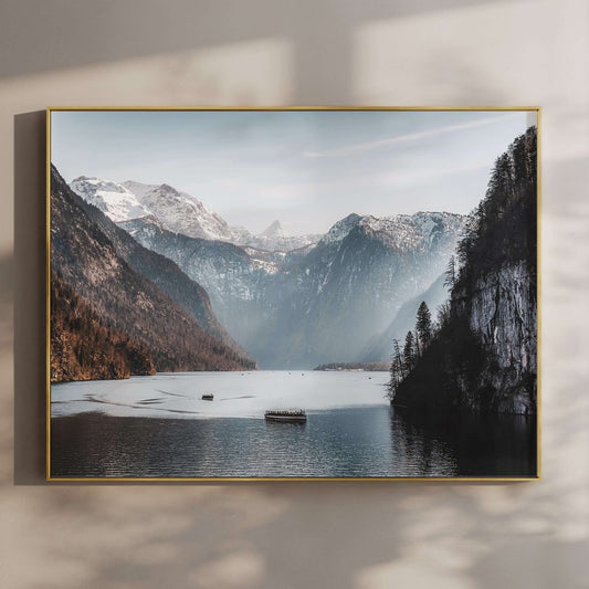 Königssee Lake Print – Bavarian Alps Landscape with Boats and Cliffs