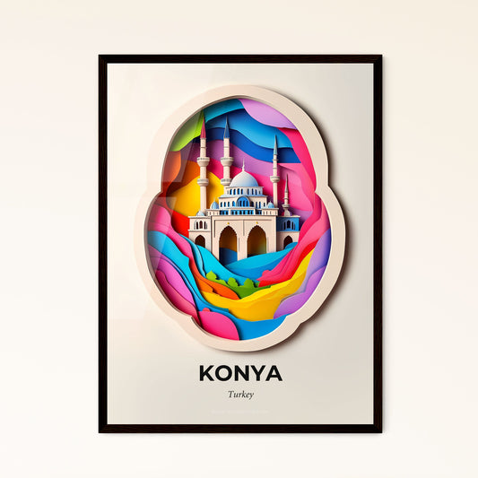 Vivid Konya, Turkey - a paper cut of a mosque in a colorful landscape