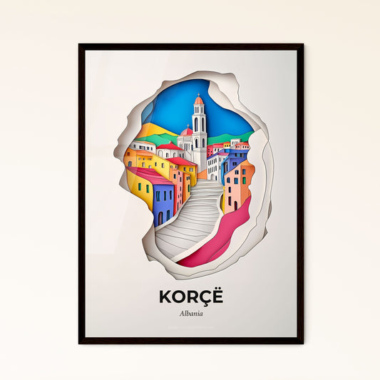 Vivid Korçë, Albania - a paper cut of a city with a staircase